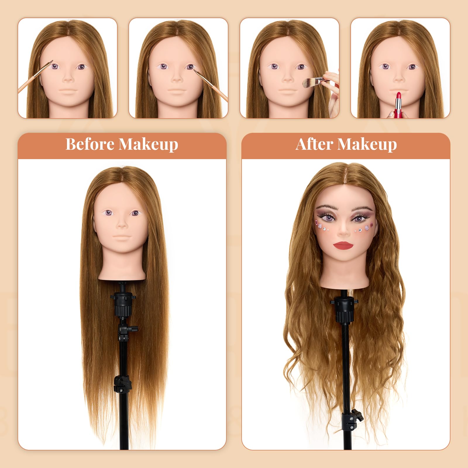 White Smoke Mannequin Head with 80% Real Human hair- 28" Hair Mannequin Heads for Make up, Braiding Hairdressing Doll Head for Styling with Table Clamp + DIY Hair Styling Set