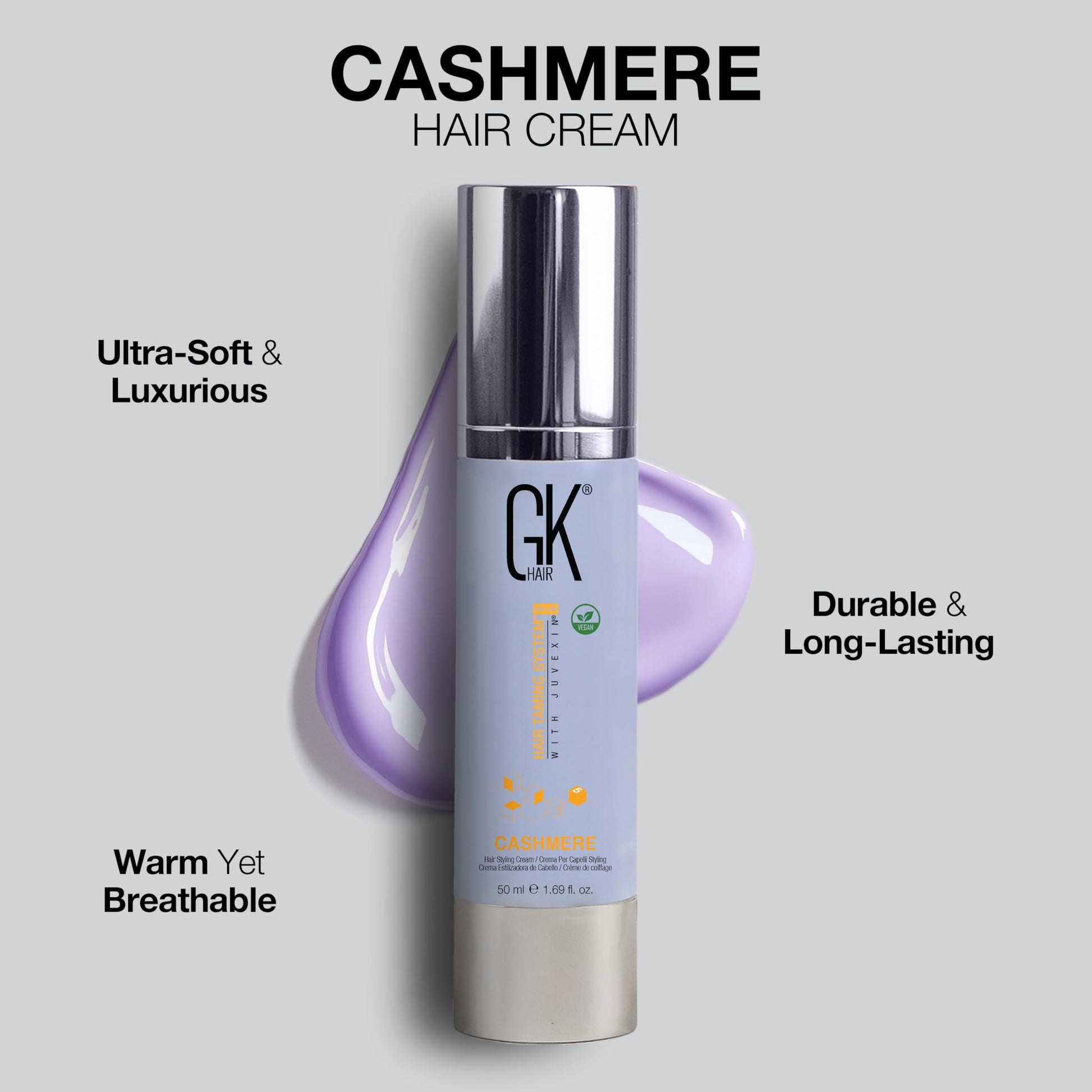 Light Gray GK HAIR Cashmere Hair Cream 1.69 Oz – Smoothing & Shine Styling Cream with Argan Oil, Anti Frizz Hair Cream for Soft, Silky & Manageable Hair, Lightweight Styling Cream for All Hair Types