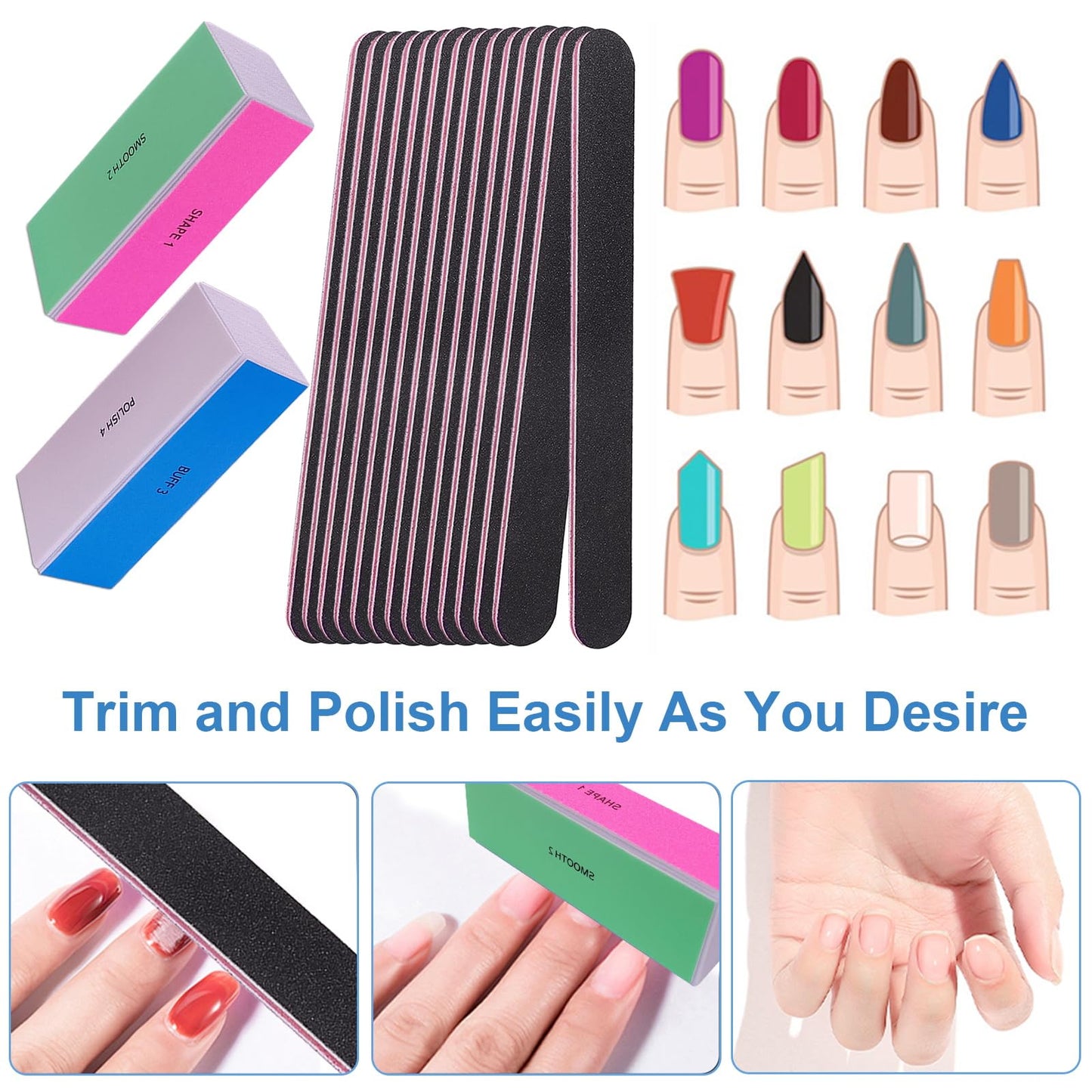 White Smoke Nail File and Buffer Set, 4 Way Nail Buffers Shine Kit Professional Nail Files for Natural Nails Manicure Filer Filing Polishing Buff Nail Care Smoother Buffing Fingernail 100/120/240/600/3000 Grit