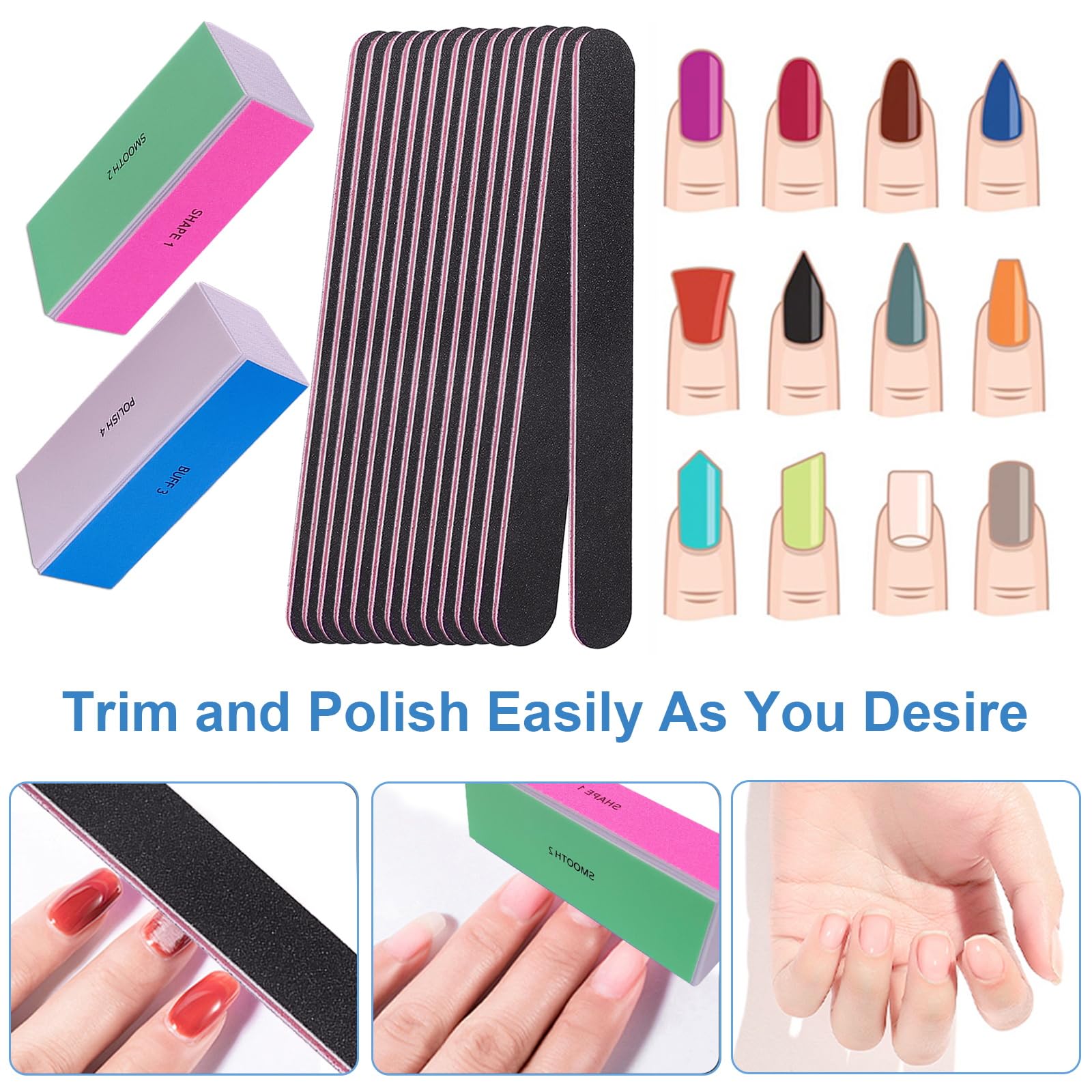 White Smoke Nail File and Buffer Set, 4 Way Nail Buffers Shine Kit Professional Nail Files for Natural Nails Manicure Filer Filing Polishing Buff Nail Care Smoother Buffing Fingernail 100/120/240/600/3000 Grit