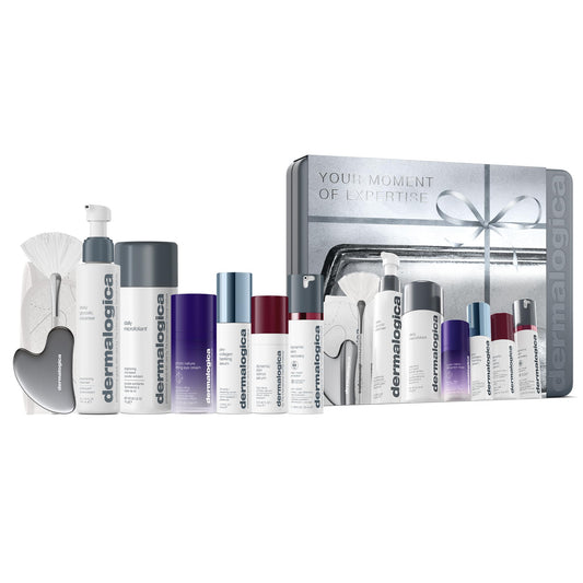 White Smoke Dermalogica Your Moment of Expertise – Expert Level Skin Care Routine Set Includes 6 Products, Headband, Gua Sha, Fan Brush