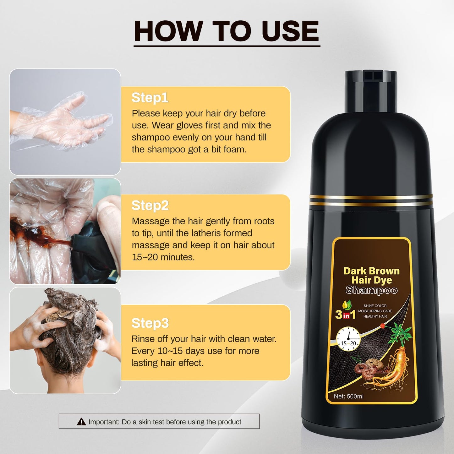Light Gray Cosmpro Dark Brown Natural Hair Dye Shampoo 3 in 1, 16.9 Fl Oz/500 ML, Semi-Permanent Gray Hair Coverage, Unisex, Natural Ingredients,