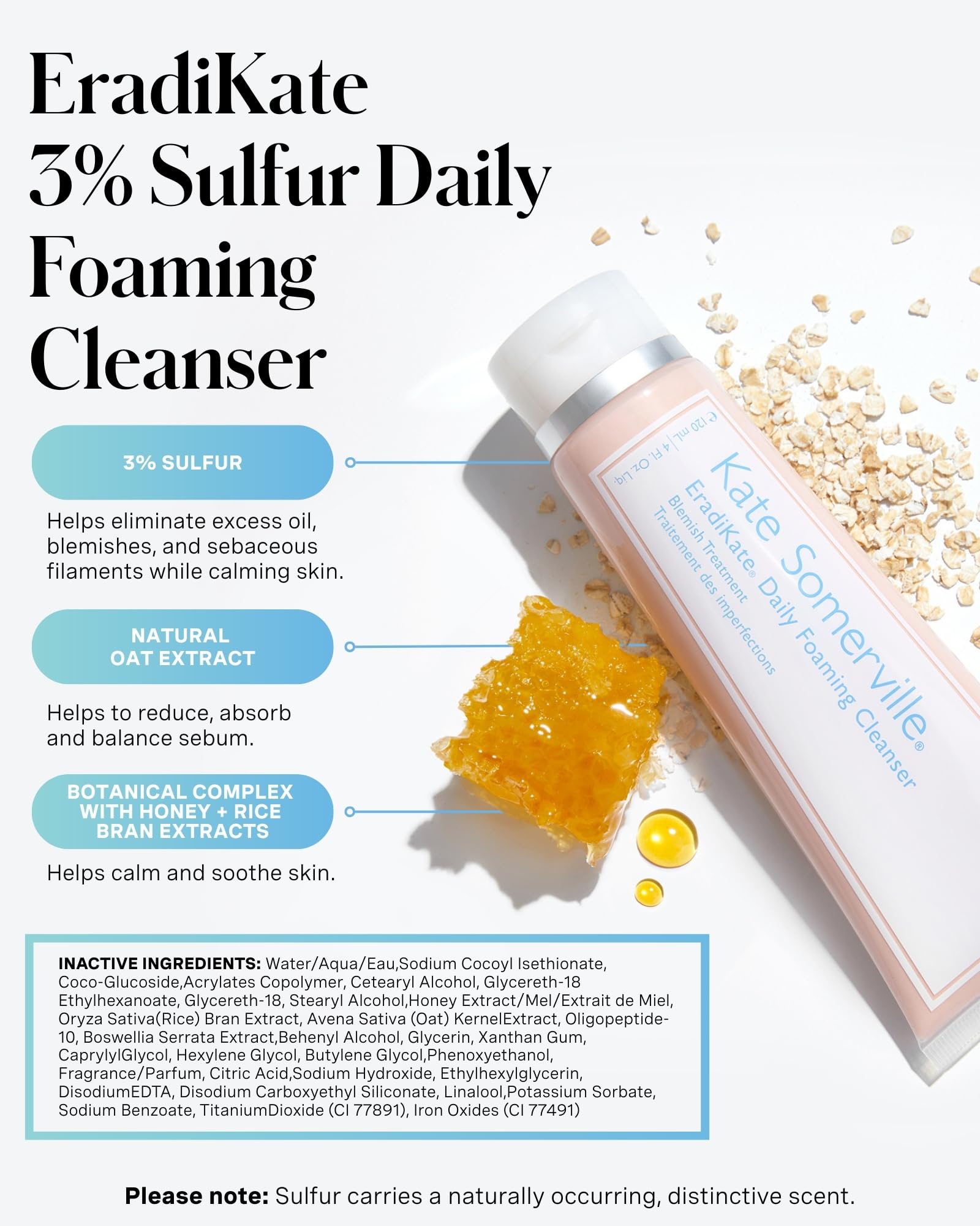 White Smoke Kate Somerville EradiKate 3% Sulfur Daily Foaming Cleanser Acne Treatment – Clinically Formulated Medicated Face Wash Balances Skin & Cleans Pores, 4 Fl Oz