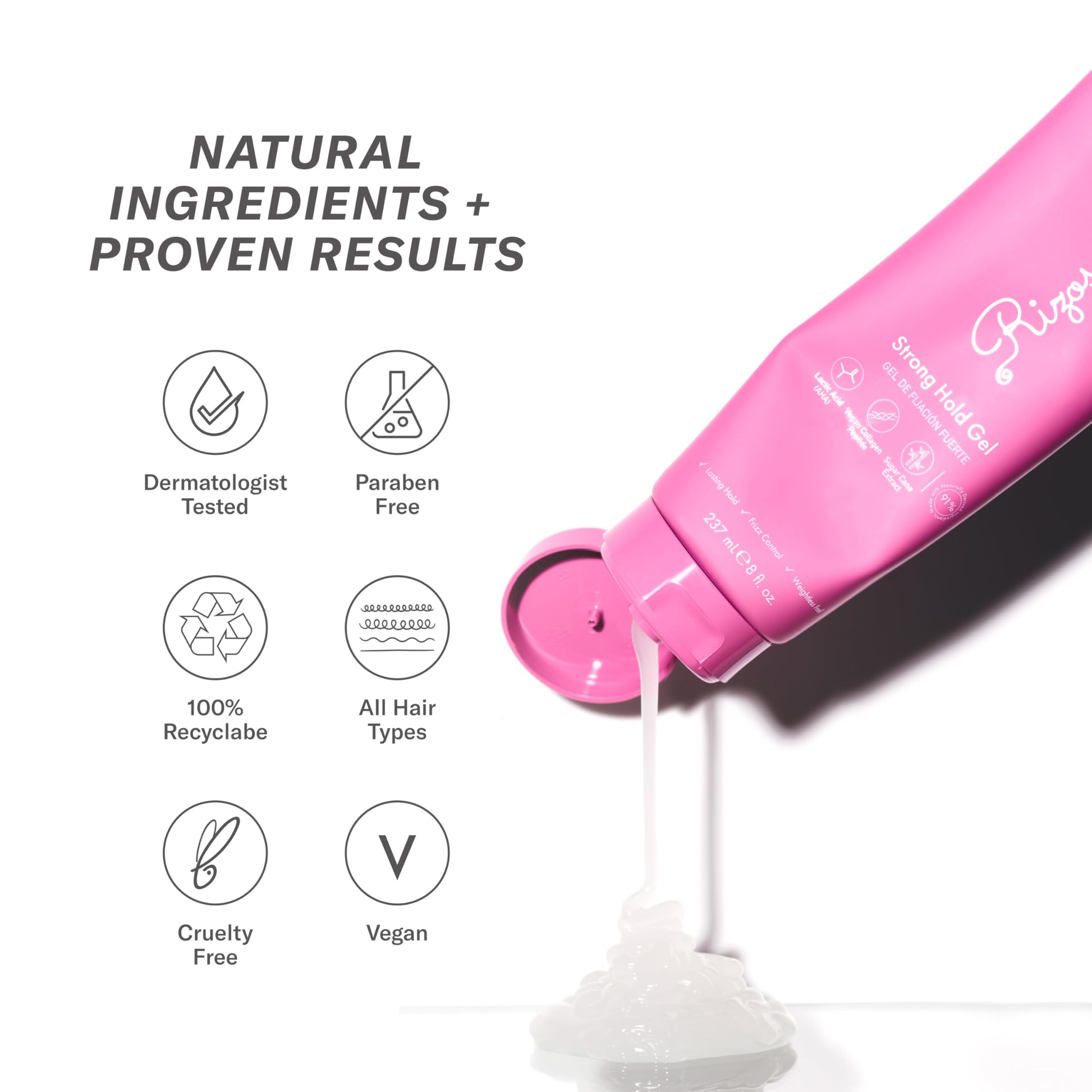 White Smoke Rizos Curls Strong Hold Gel - Long-Lasting, Flake-Free Gel for Curly, Coily, and Wavy Hair, Frizz Control, Curl Definition & Shine, Vegan Collagen Peptides & Sugar Cane Extract, 8oz
