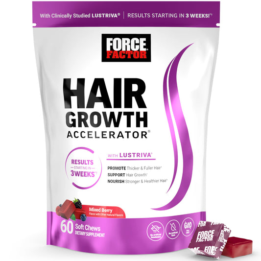 White Smoke Force Factor Hair Growth Accelerator Soft Chews, Hair Growth Vitamins for Women and Men with Clinically Studied Lustriva and Biotin, Promotes Thicker, Fuller, Stronger Hair, Mixed Berry, 60 Soft Chews