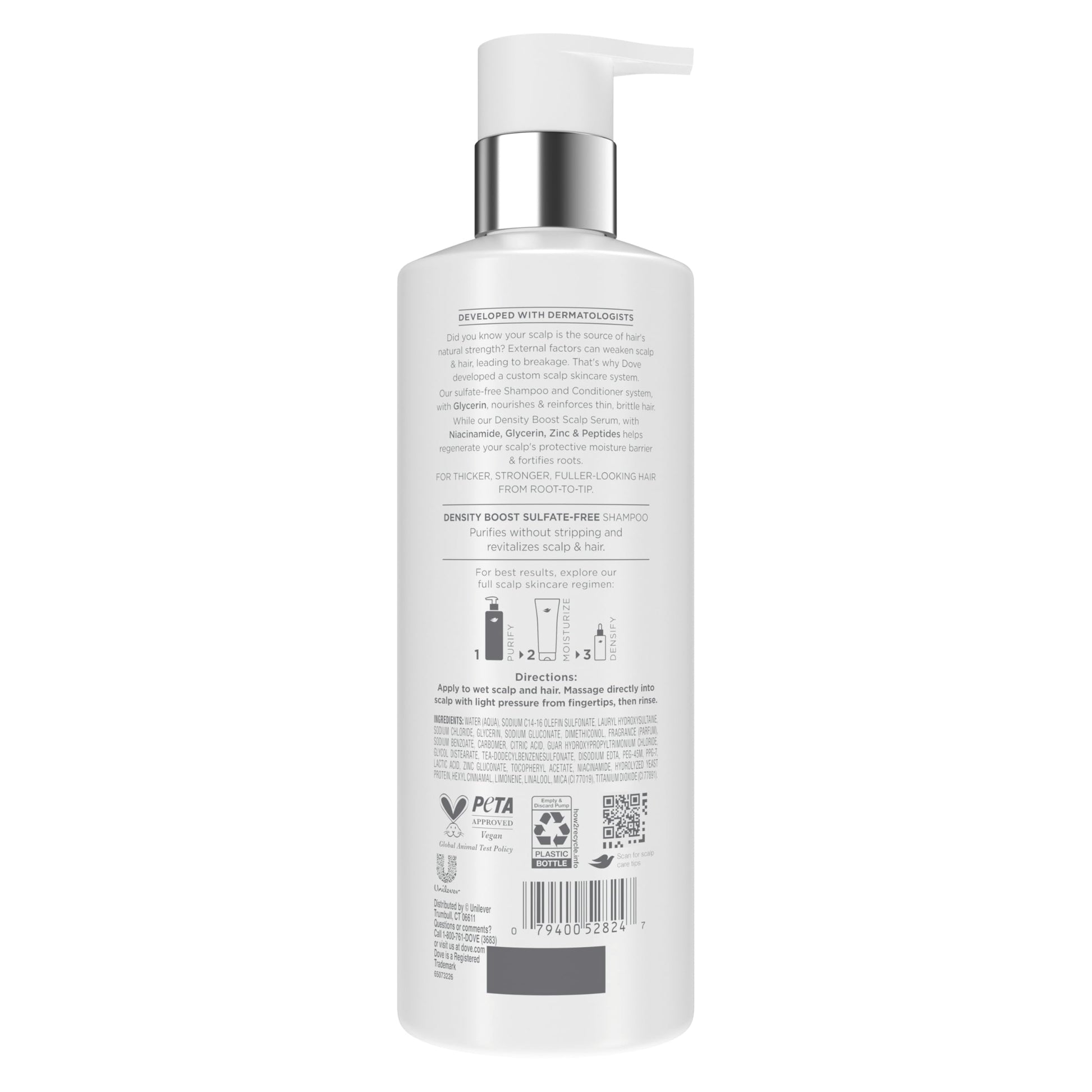 Light Gray Dove Derma Scalp Density Boost Shampoo 1 ct With Glycerin, Sulfates And Zinc + Peptides For Hair Loss And Breakage 16 oz