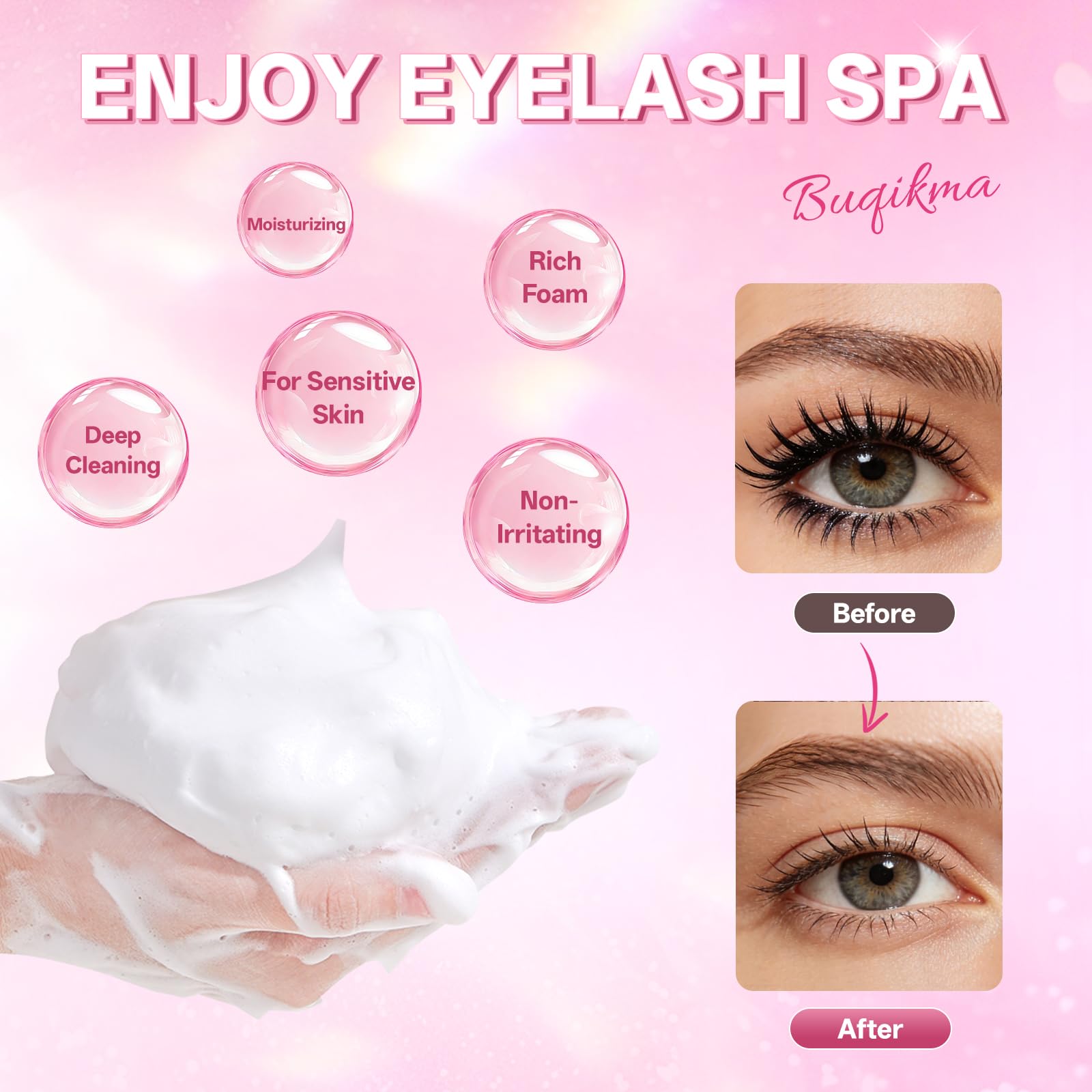 Lavender Blush Buqikma Lash shampoo for Eyelash Extension, 60Ml/2.02 fl.Oz Eyelash Shampoo Kit with Lash Wash Brushes Gentle Lash Extension Cleanser for Professional Salon and Home Eyelash Care