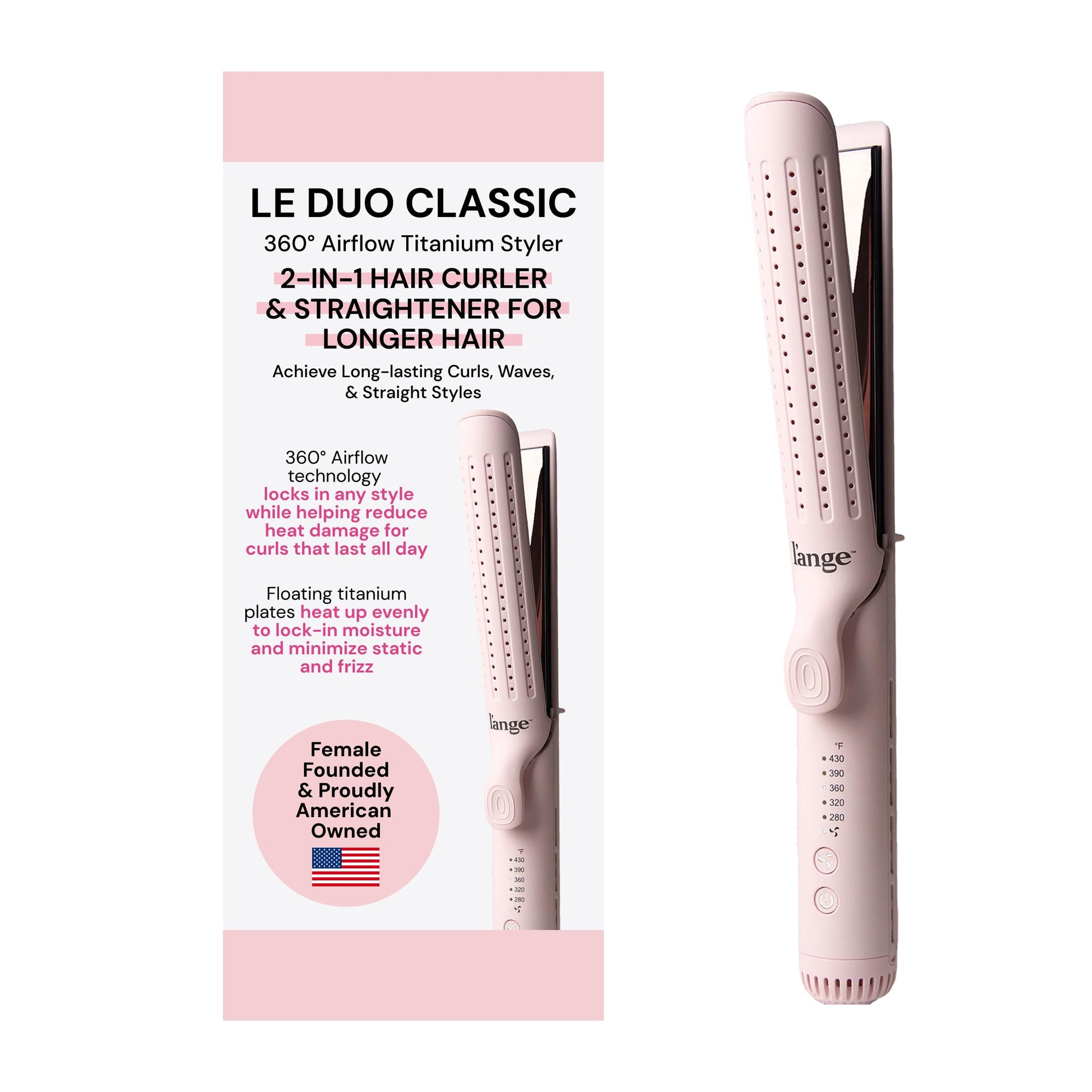 White Smoke L'ANGE HAIR Le Duo Grande 360° Airflow 2 in 1 Straightener and Curler | 1 Inch Curling Wand & Titanium Flat Iron with 5.3" Plates | Hair Straightener & Curler for Long Hair (Blush)