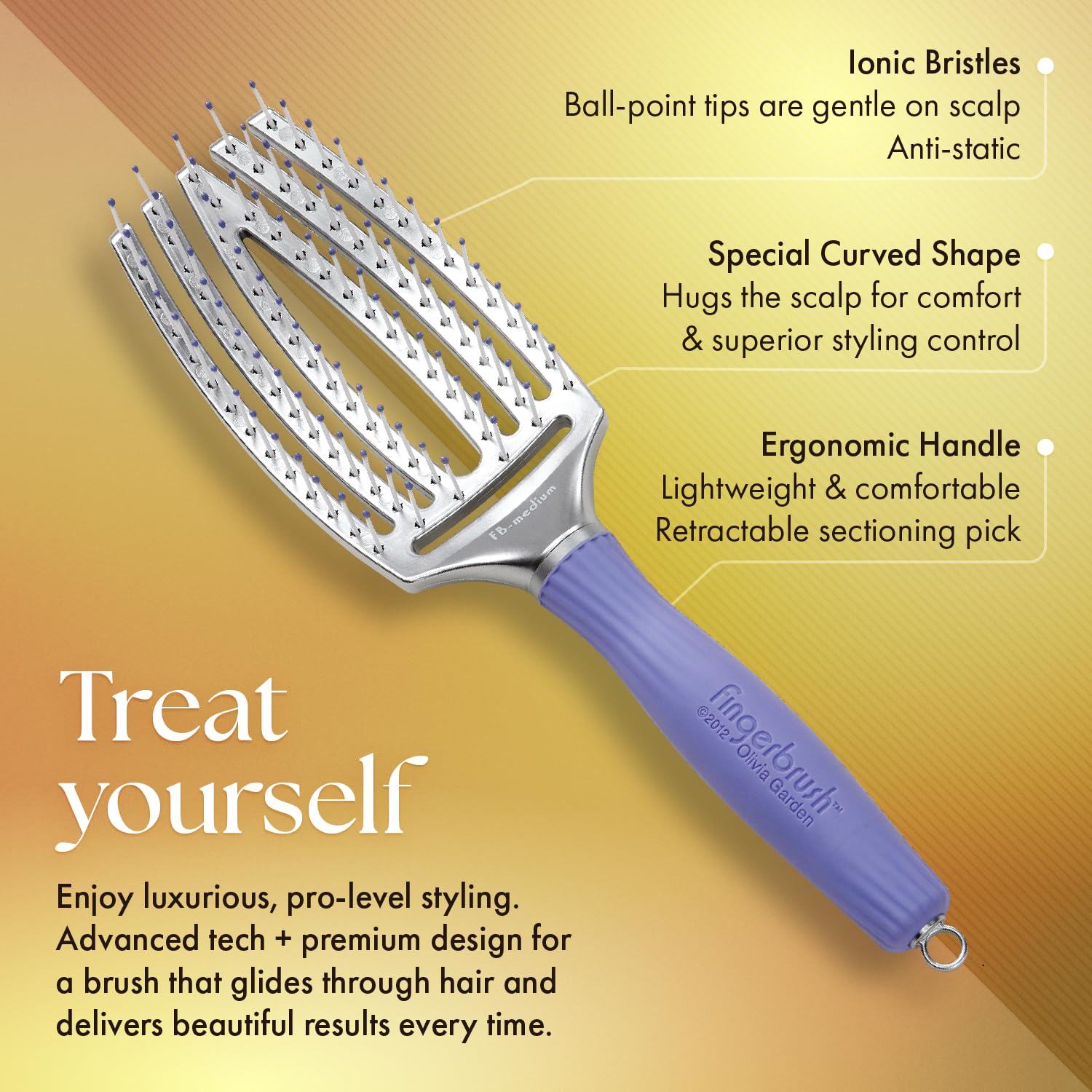 Sandy Brown Olivia Garden Fingerbrush Curved and Vented Paddle Brush for Blow Drying - Ideal for Styling and Detangling All Hair Types - Scalp Massager Brush, 3-Piece Kit
