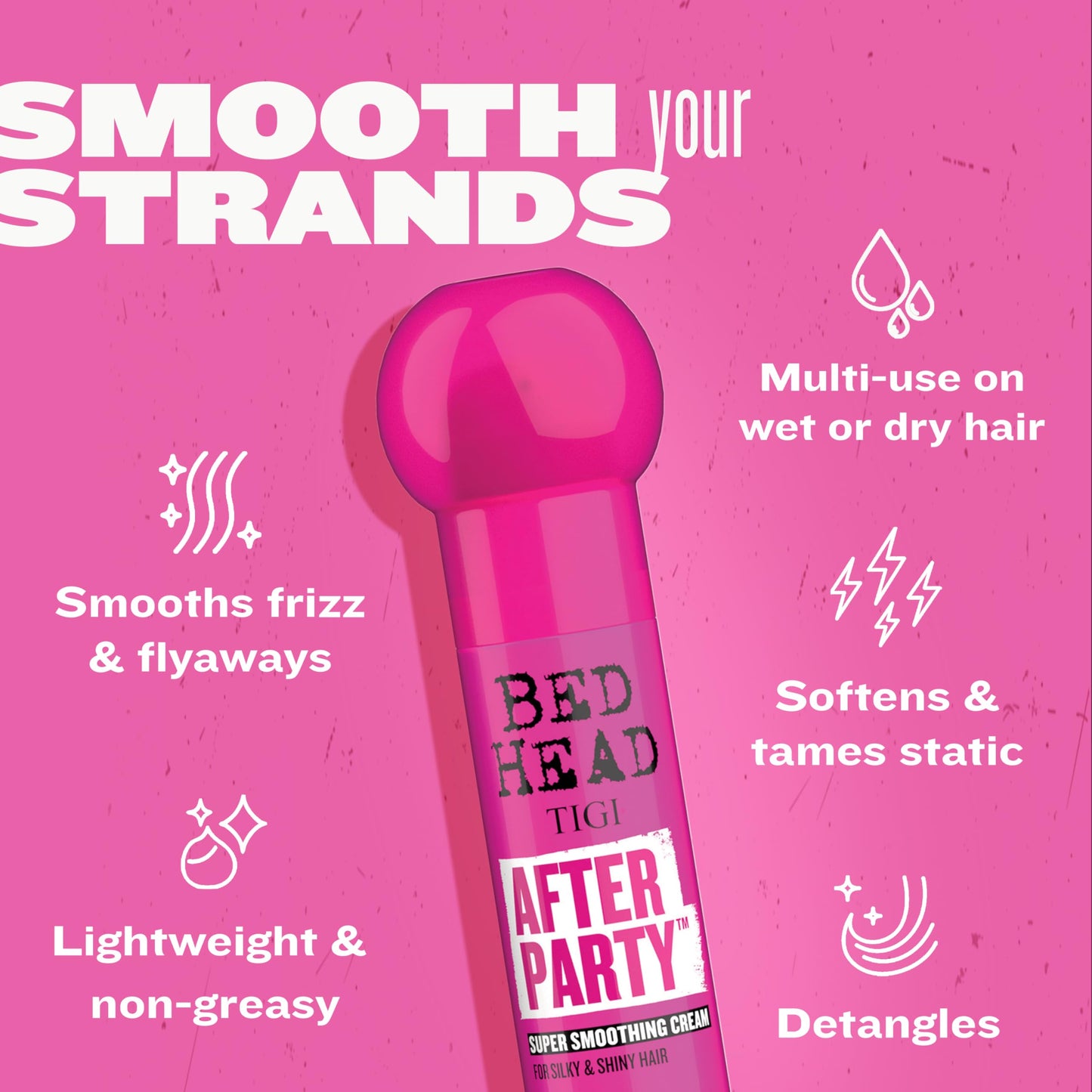 Hot Pink TIGI Bed Head After Party Super Smoothing Cream – Anti Frizz Hair Styling Product, Humidity Protection for Frizzy, Dull, or Coarse Hair, 3.38 fl oz