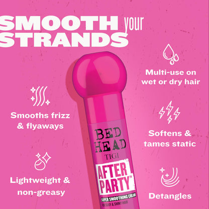 Hot Pink TIGI Bed Head After Party Super Smoothing Cream – Anti Frizz Hair Styling Product, Humidity Protection for Frizzy, Dull, or Coarse Hair, 3.38 fl oz