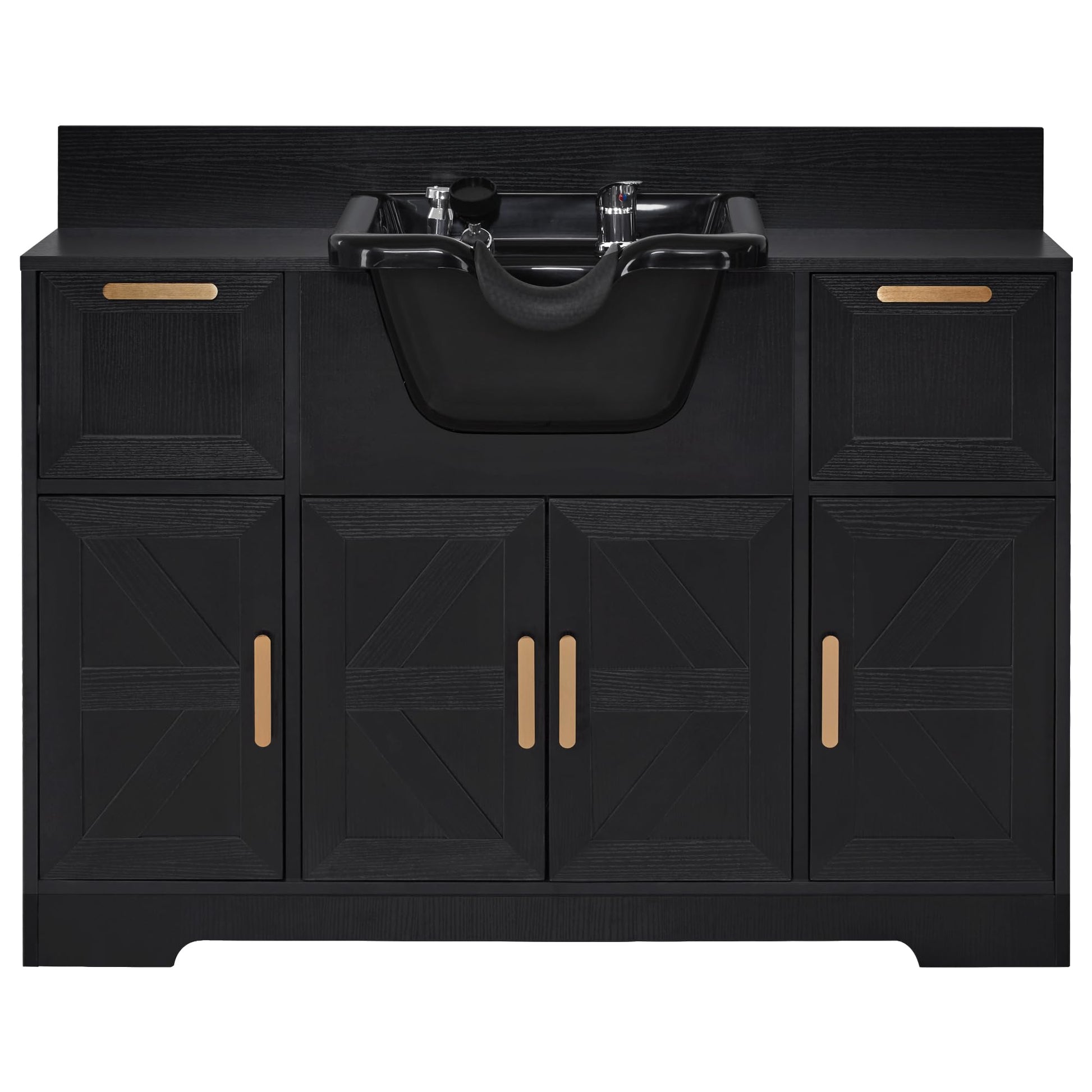 Dark Slate Gray BarberPub Portable Shampoo Station, Shampoo Bowl with Cabinet & Drawer, Salon Geometric Finish Station with Sprayer Faucet, Barber Storage Equipment with Hair Wash Backwash Sink 3439 (Black)