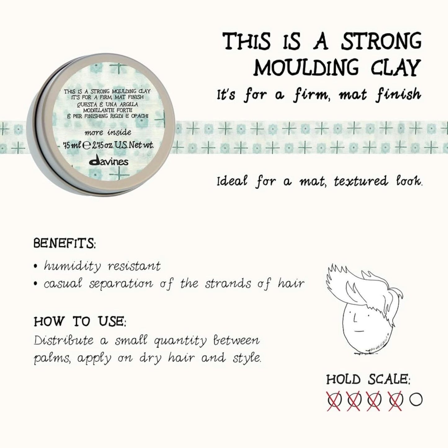 White Smoke Davines This Is A Strong Moulding Clay, Strong Hold Matte Definition - Resistant Clay for Messy Styles - Adds Texture & Separation without Shine, 2.54 Fl Oz