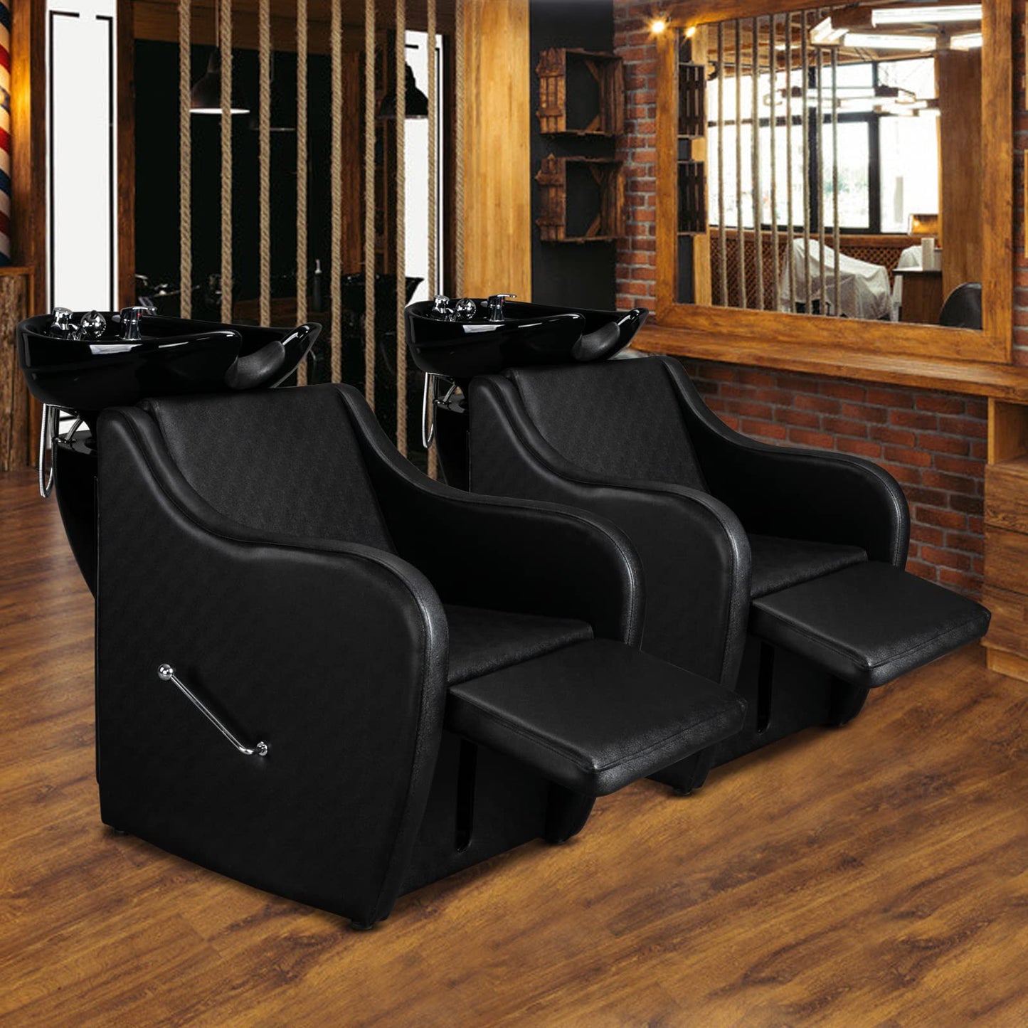 Black OmySalon Backwash Shampoo Unit for Salon, Hair Washing Station with Ceramic Bowl Adjustable Footrest, Chair Sink Barber Shop Beauty Equipment