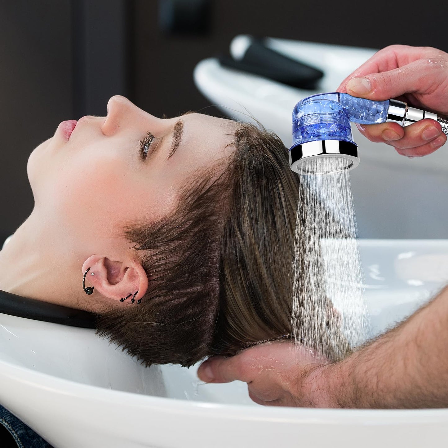 Light Gray Garaook Blue Shampoo Bowl Sprayer Head with Filter, 2PCS Sprayer Head for Portable Salon Sink, 3 Sprayer Modes and High Pressure