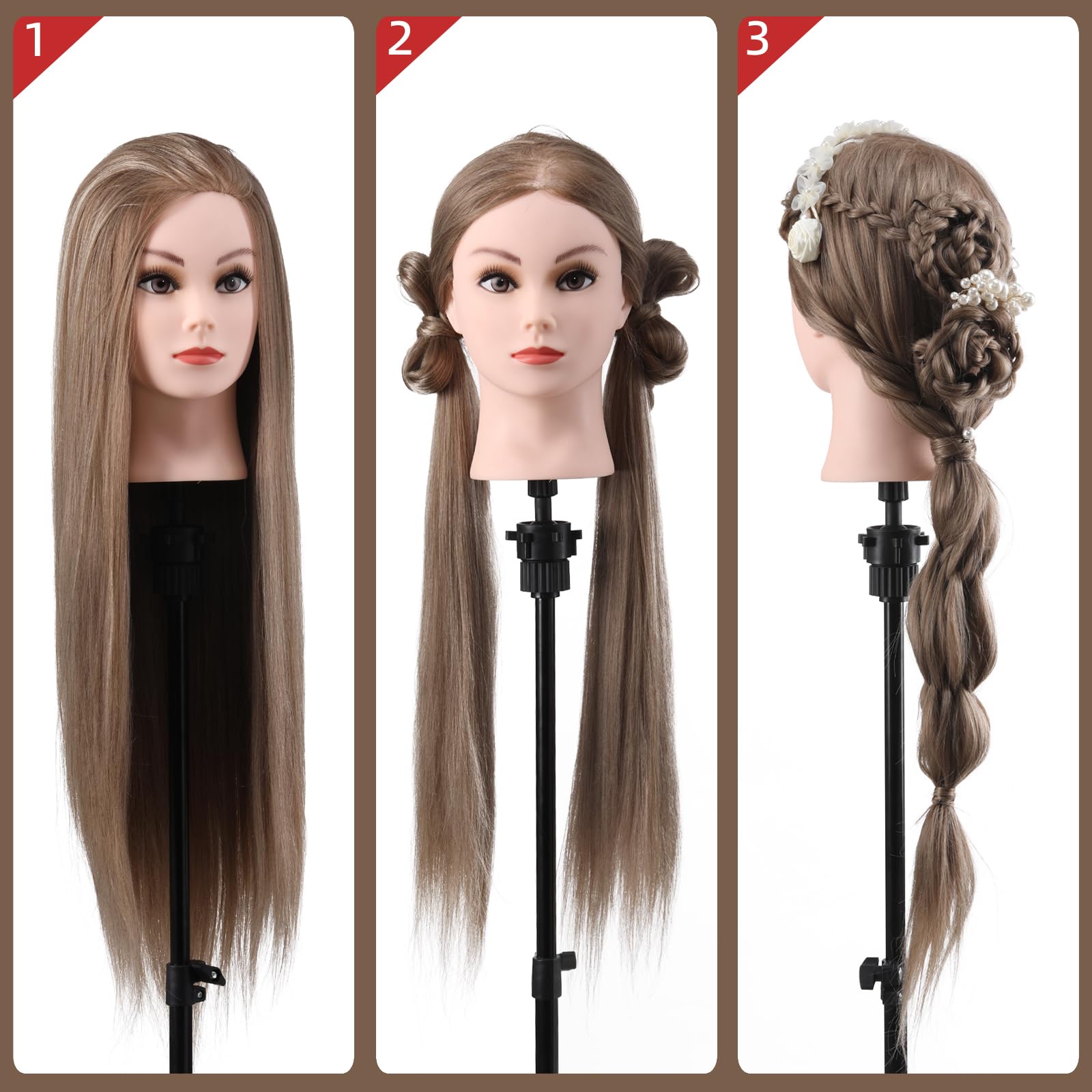 White Smoke Mannequin Head with Hair, 26" Hair Mannequin Manikin Head Hair Practice Cosmetology Hair Doll Head Styling Hairdressing Training Braiding Cutting Setting with Clamp Holder and Tools