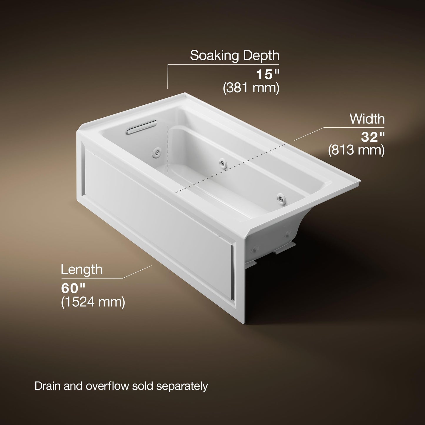 Dark Olive Green Kohler K-1122-HL-0 Archer 60"x32" alcove whirlpool with integral apron, left hand drain and heater, White