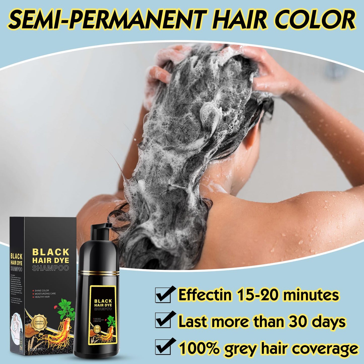 Light Gray Black Hair Dye Shampoo 3 in 1, Herbal Shampoo Hair Dye for Women Men, Grey Coverage 16.9fl oz