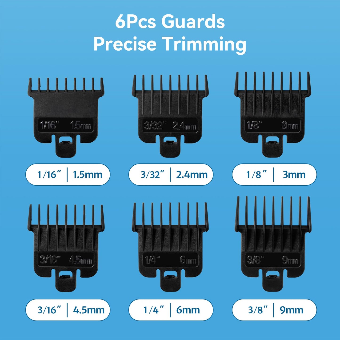 Cornflower Blue 6Pcs Hair Clipper Guards Compatible with Baybliss FX787 and Andis T Outliner G, GO, GTO, ORL, LS2, LS3, PLS, PMT-1, RT-1, SLII, Trimmer Guards Replacement - 1/16" to 3/8", Black Color