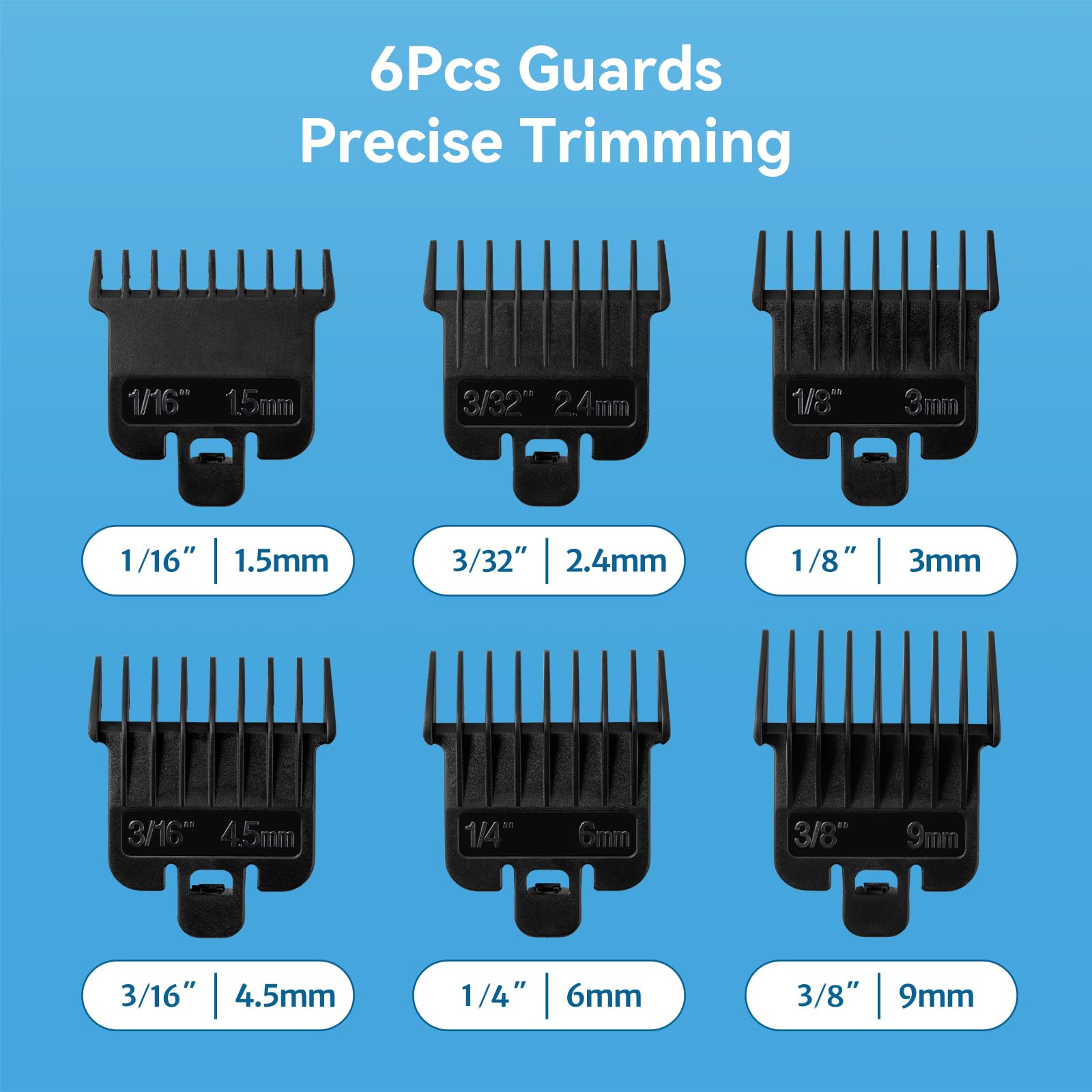 Cornflower Blue 6Pcs Hair Clipper Guards Compatible with Baybliss FX787 and Andis T Outliner G, GO, GTO, ORL, LS2, LS3, PLS, PMT-1, RT-1, SLII, Trimmer Guards Replacement - 1/16" to 3/8", Black Color