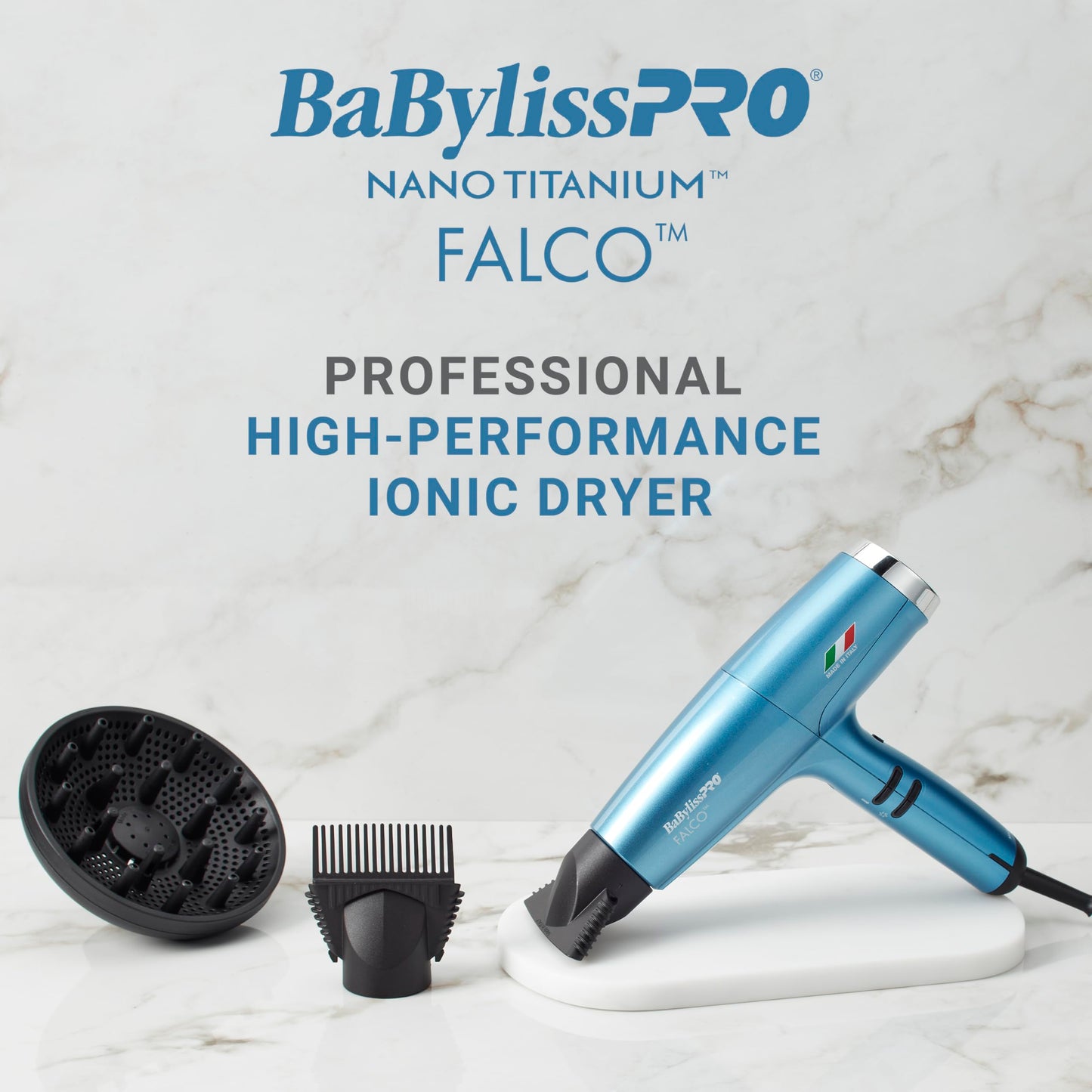 Light Gray BaBylissPRO Nano Titanium Professional Italian High-Speed Falco Hair Dryer with Concentrator Nozzles, 2000-Watt Ionic Blow Dryer with Diffuser