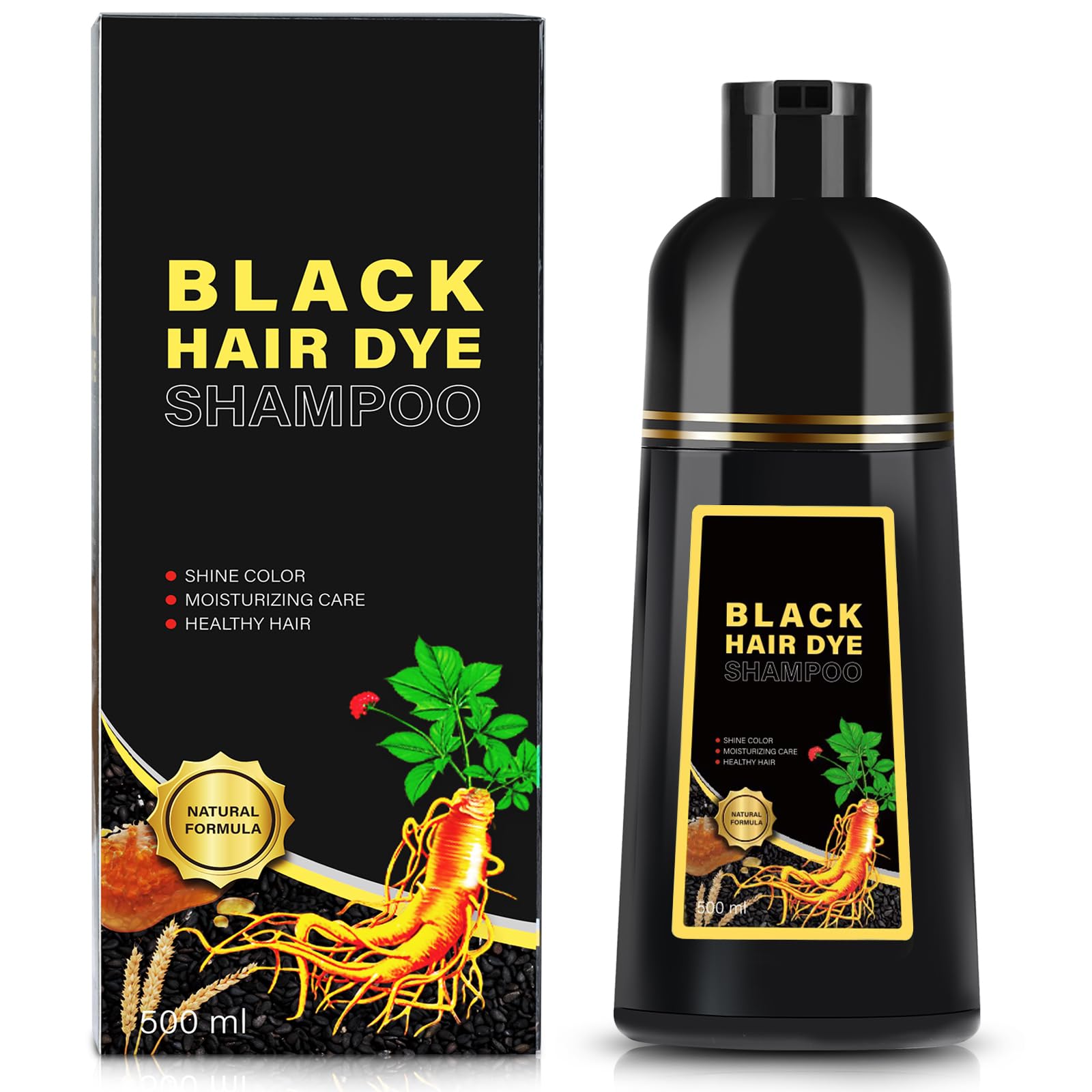 Black Black Hair Dye Shampoo 3 in 1, Herbal Shampoo Hair Dye for Women Men, Grey Coverage 16.9fl oz