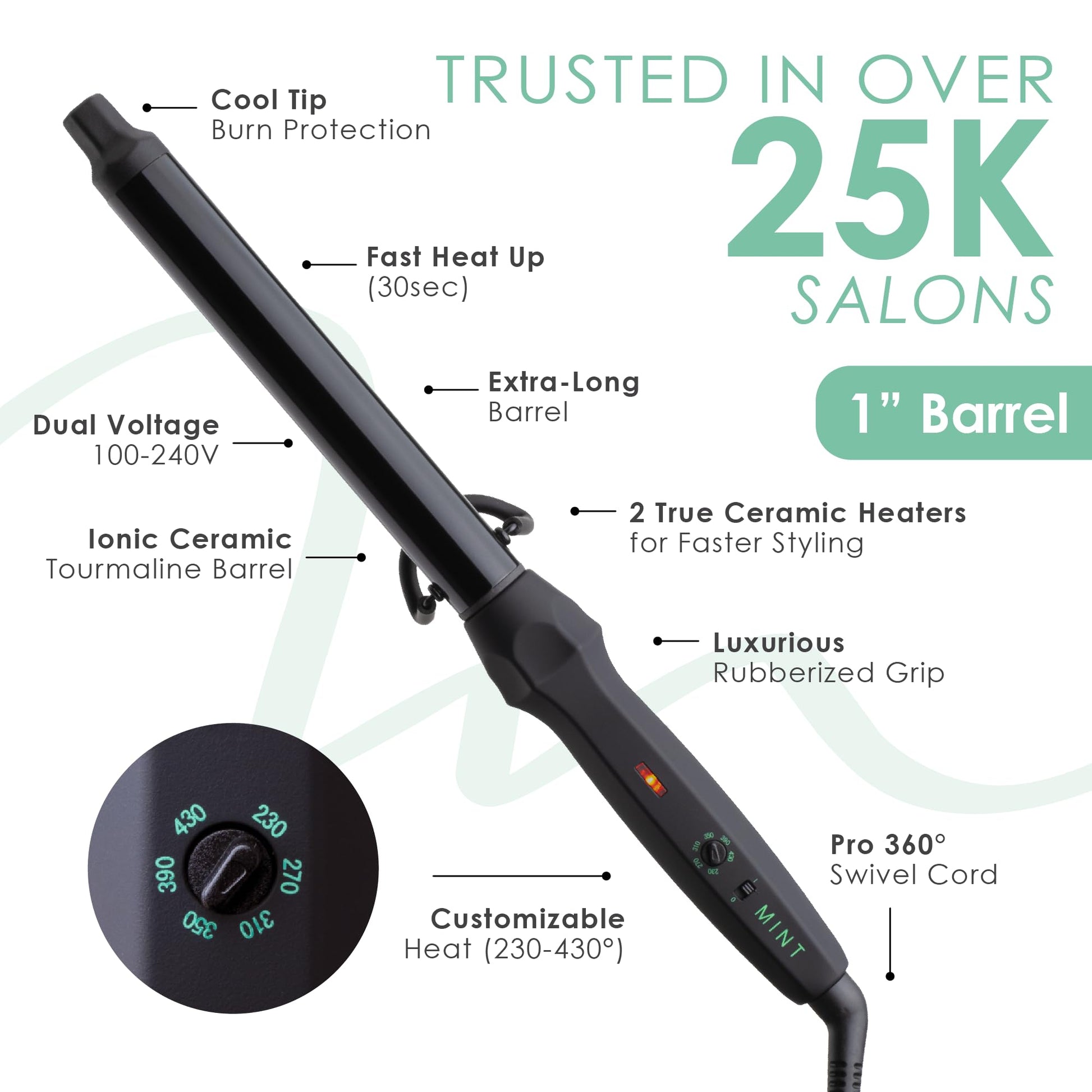 White Smoke MINT Professional Clamp-Free Curling Wand 1 Inch for Long Hair | Extra Long Curl Wand w 4-Heater Ionic Ceramic Tourmaline Barrel | Best Curling Wands | Adjustable 230-430°F | Worldwide Dual Voltage