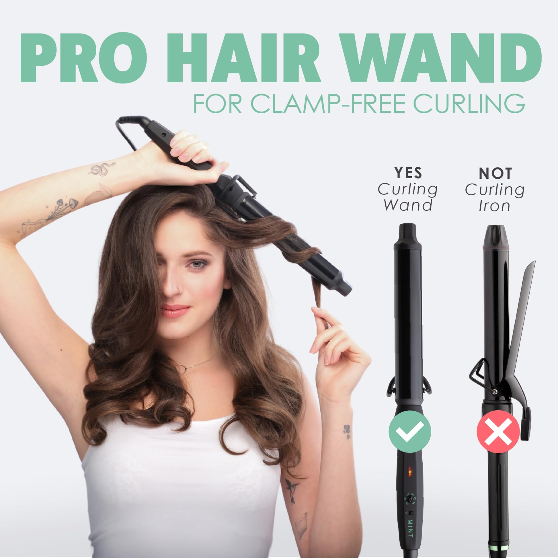 White Smoke MINT Professional Clamp-Free Curling Wand 1 1/4 Inch for Long Hair | Extra Long Curl Wand with 4-Heater Ionic Ceramic Barrel | Best Curling Wands | Adjustable 230-430°F | Worldwide Dual Voltage