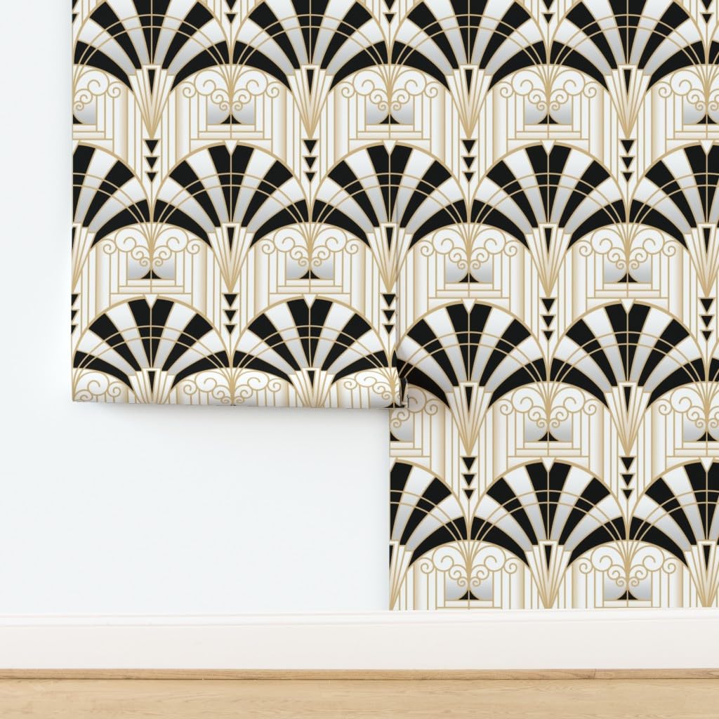 White Smoke Spoonflower Peel & Stick Wallpaper 3ft x 2ft - Art Deco Alcove Black White Gold Fan Architecture 1920s Custom Removable Wallpaper