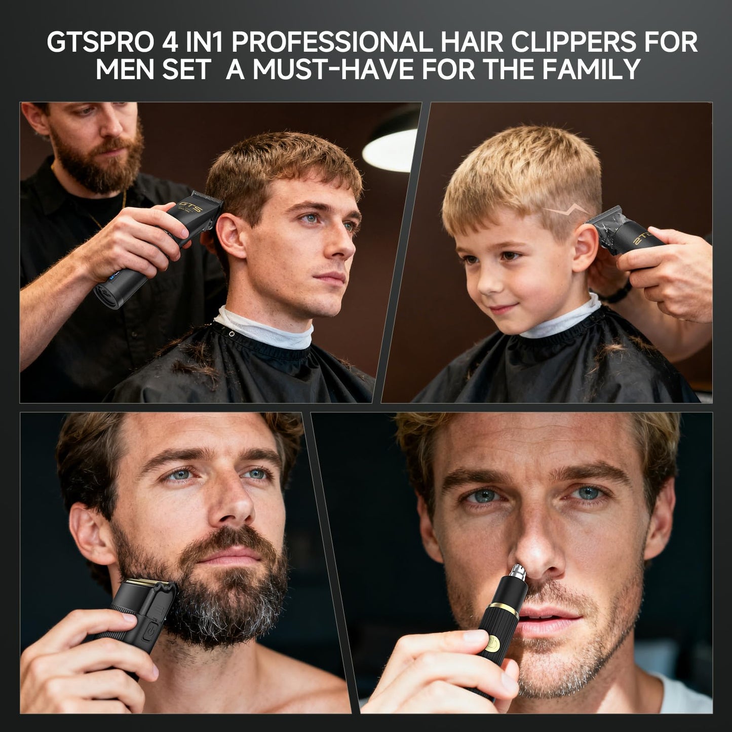 Black GTS Hair Clippers for Men Professional, Beard Trimmer Kits & Sets, Cordless Mens Hair Trimmer, Electric Shavers, Haircutting Machine with LED Display, for Barber 4 in 1