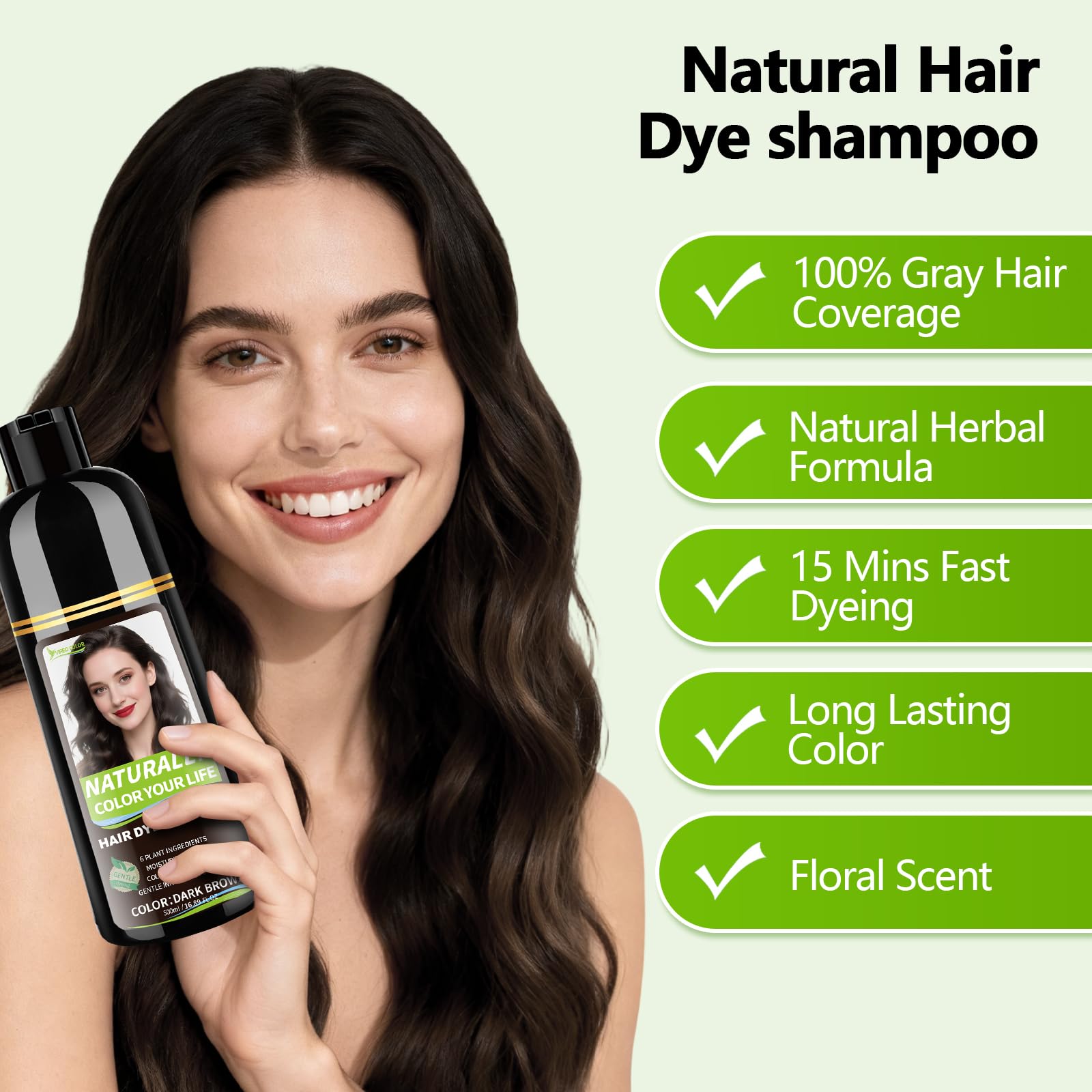 Honeydew RKQNIER Dark Brown Hair Dye Shampoo for Women & Men, 15 Min Gray Coverage, 3 in 1 Semi-Permanent Color with Natural Herbal Ingredients, Lasts 60 Days