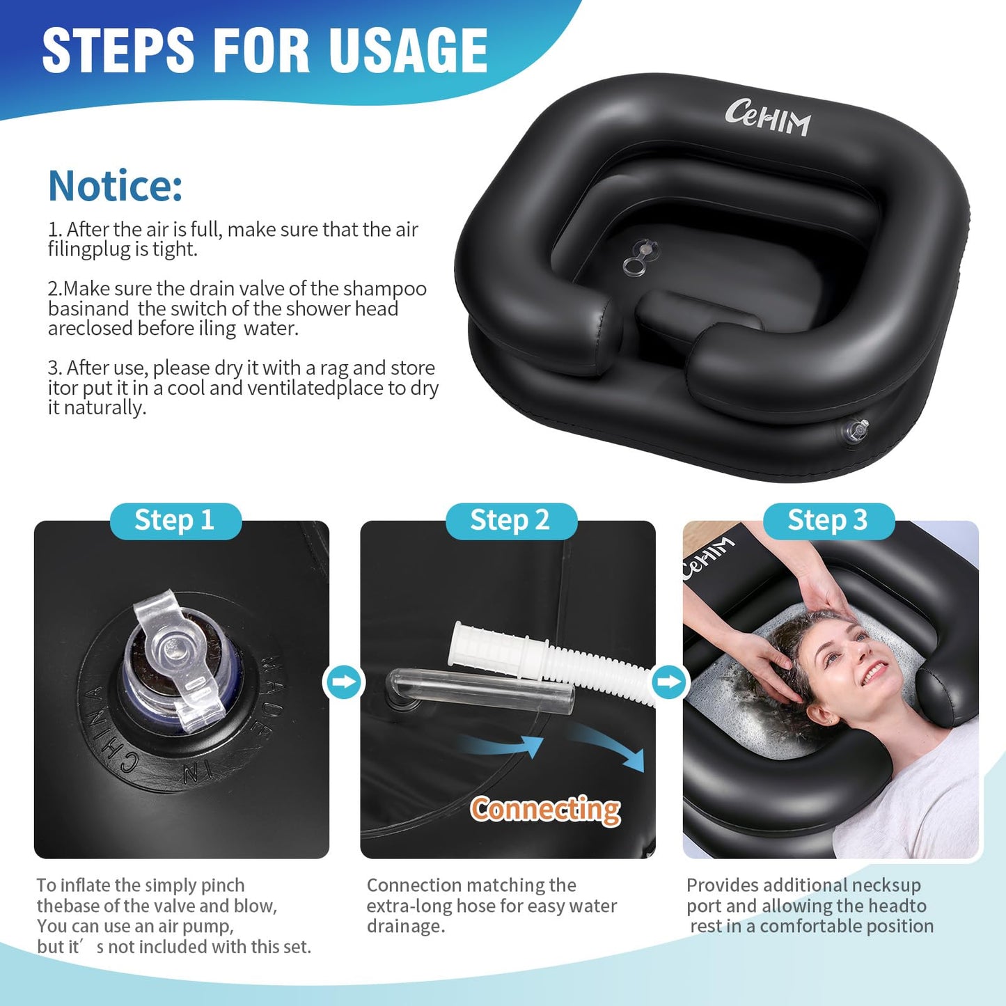 White Smoke Cehim Inflatable Shampoo Basin - Portable Shampoo Bowl, Hair Washing Basin for Bedridden, Disabled,Injured, Hair Wash Tub for Dreadlocks and at Home Sink Washing (Black, 15in Inner)