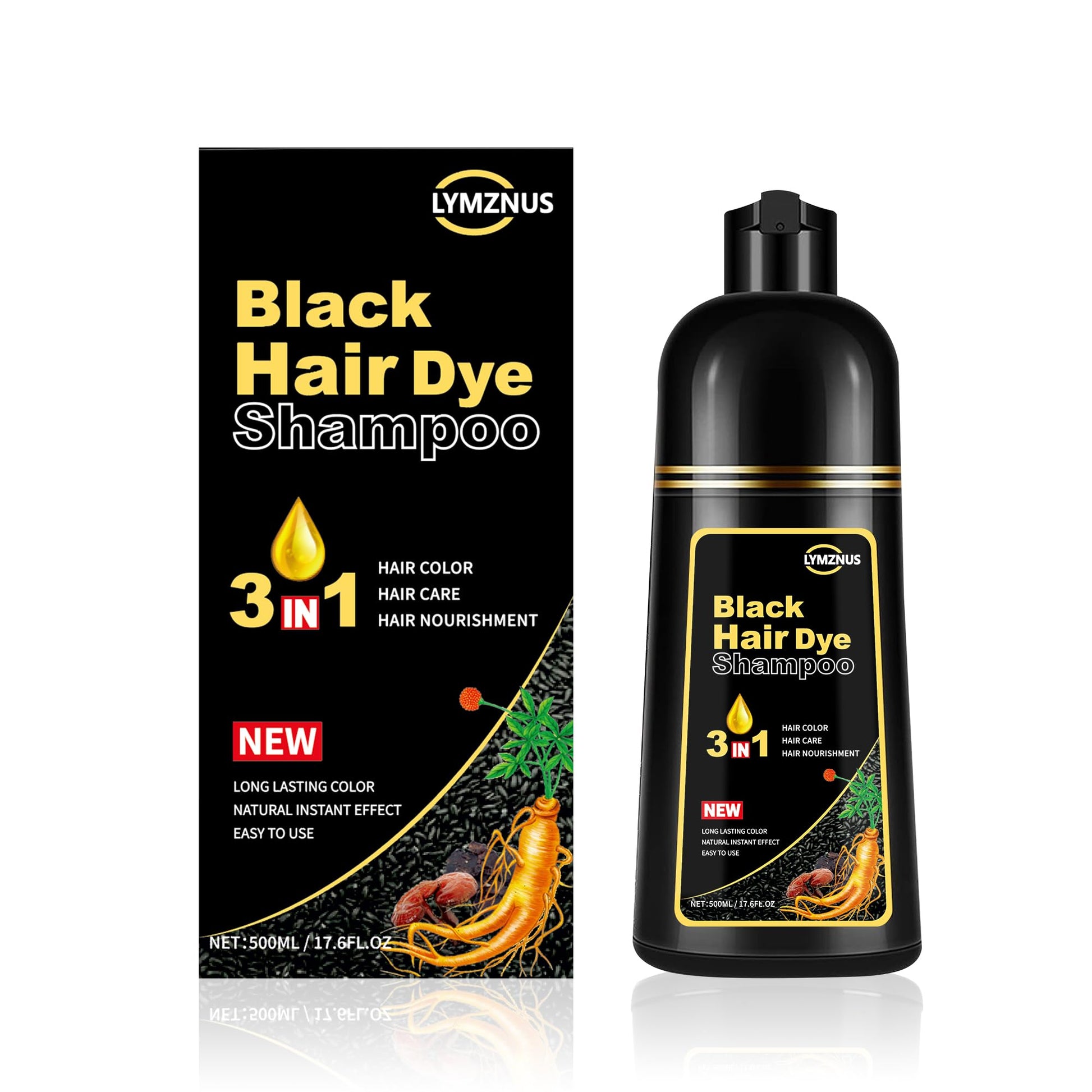 Black lymznus Herbal Black Hair Dye Shampoo 3 in 1 for Gray Hair, Instant Hair Color Shampoo for Women & Men, Black Hair Shampoo for 100% Grey Coverage 500ML