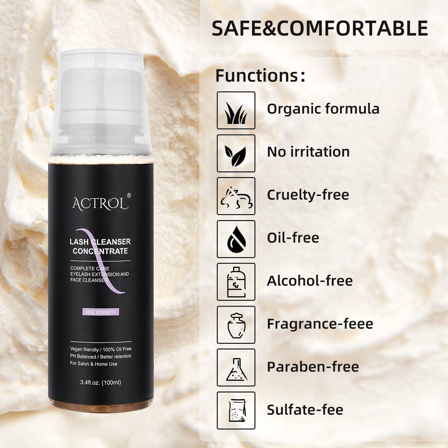 Seashell ACTROL Eyelash Cleanser Concentrate 100ml Ice Cream Professional Lash Shampoo Foaming Cleanser DIY Paraben & Sulfate Free Non-lrritating Wash for Extensions Lashes with Salon Care-Makes 20 Bottles
