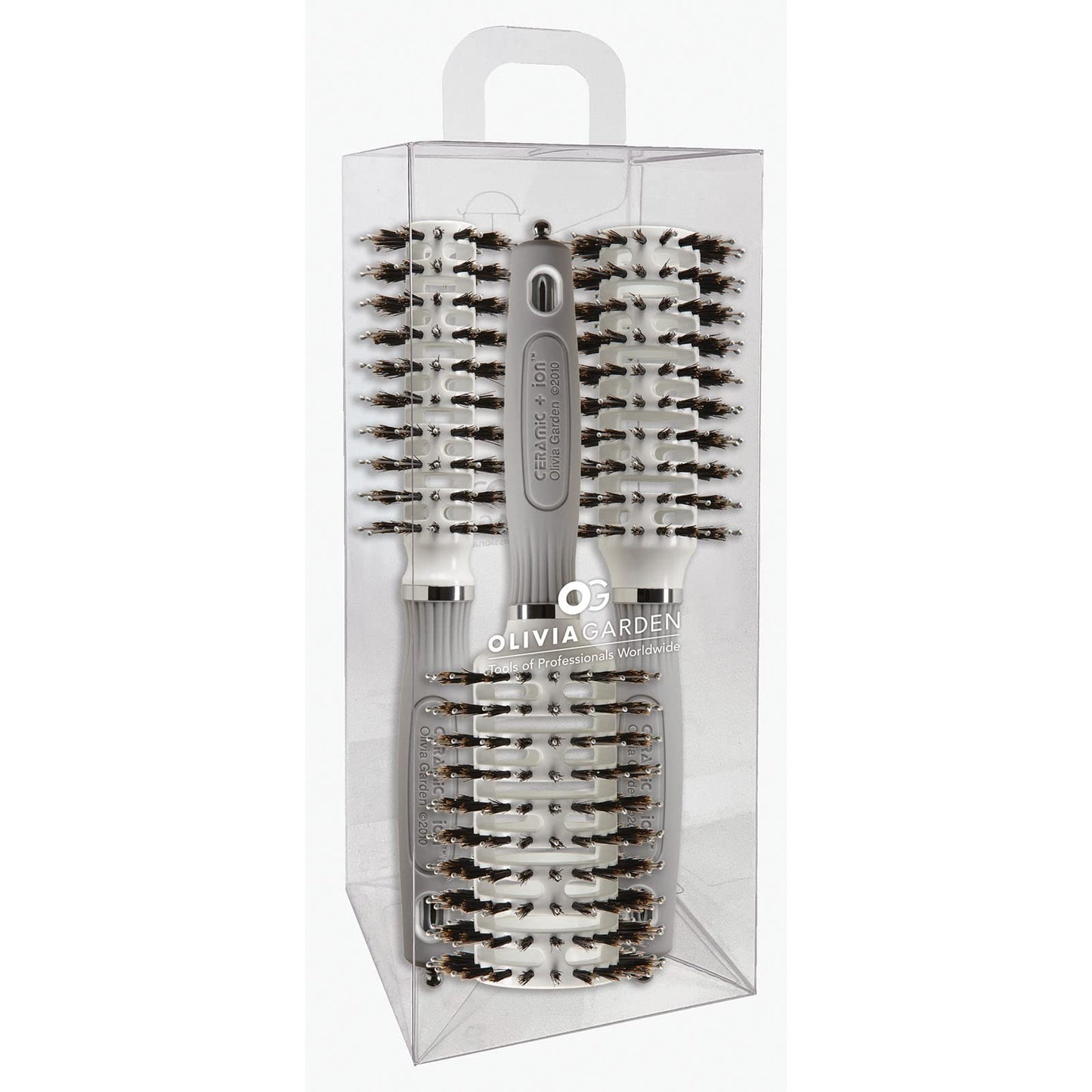 Light Gray Olivia Garden Ceramic + Ion Turbo Vent Combo Hair Brush - Not Electrical - Ionic and 100% Boar Bristles - Professional Round Blowout Brush for Normal to Thick Hair