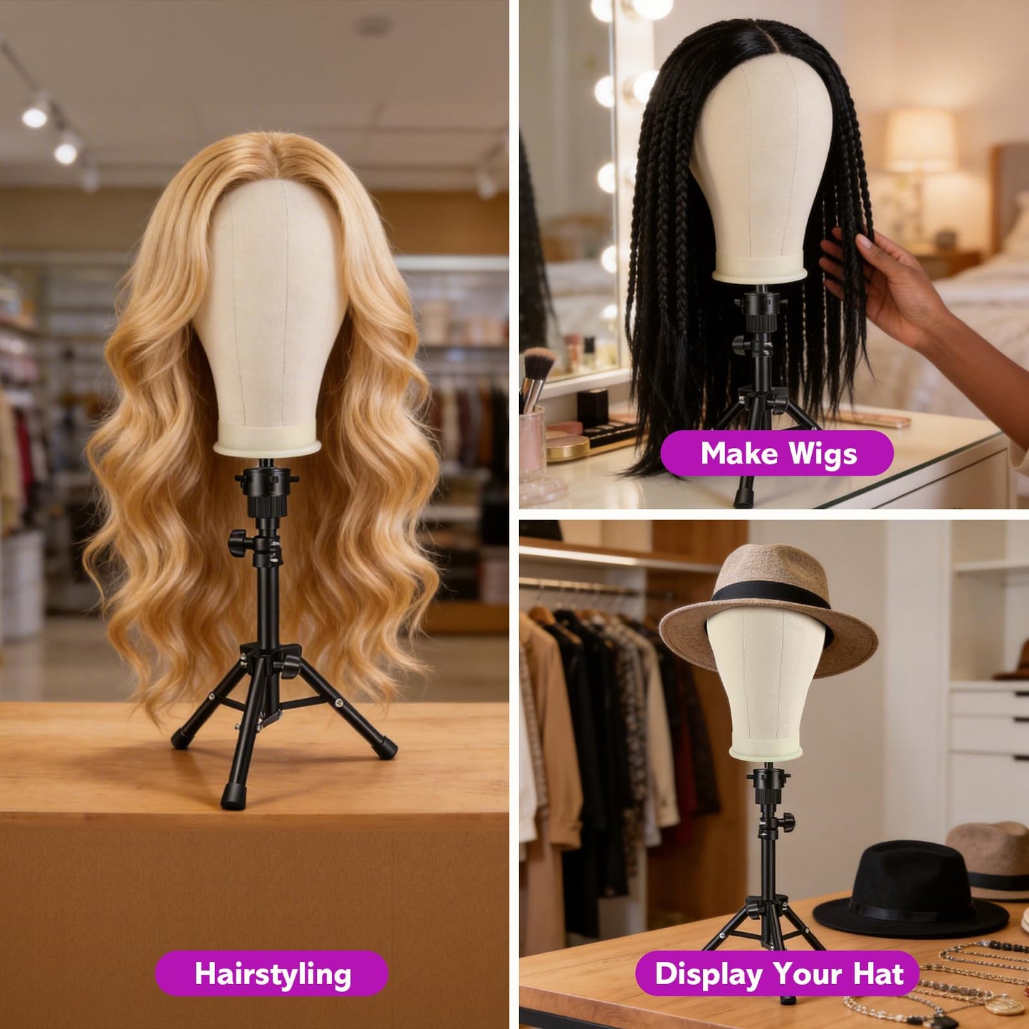 Dim Gray Wig Stand - Wig Stand with Head Canvas Wig Head Mannequin Head for Heavy Wigs, Wig Head Stand Manikin Head Wig Head for Wigs Making Display Styling(Wig not included), Wig Stand Tripod Height Adjustable