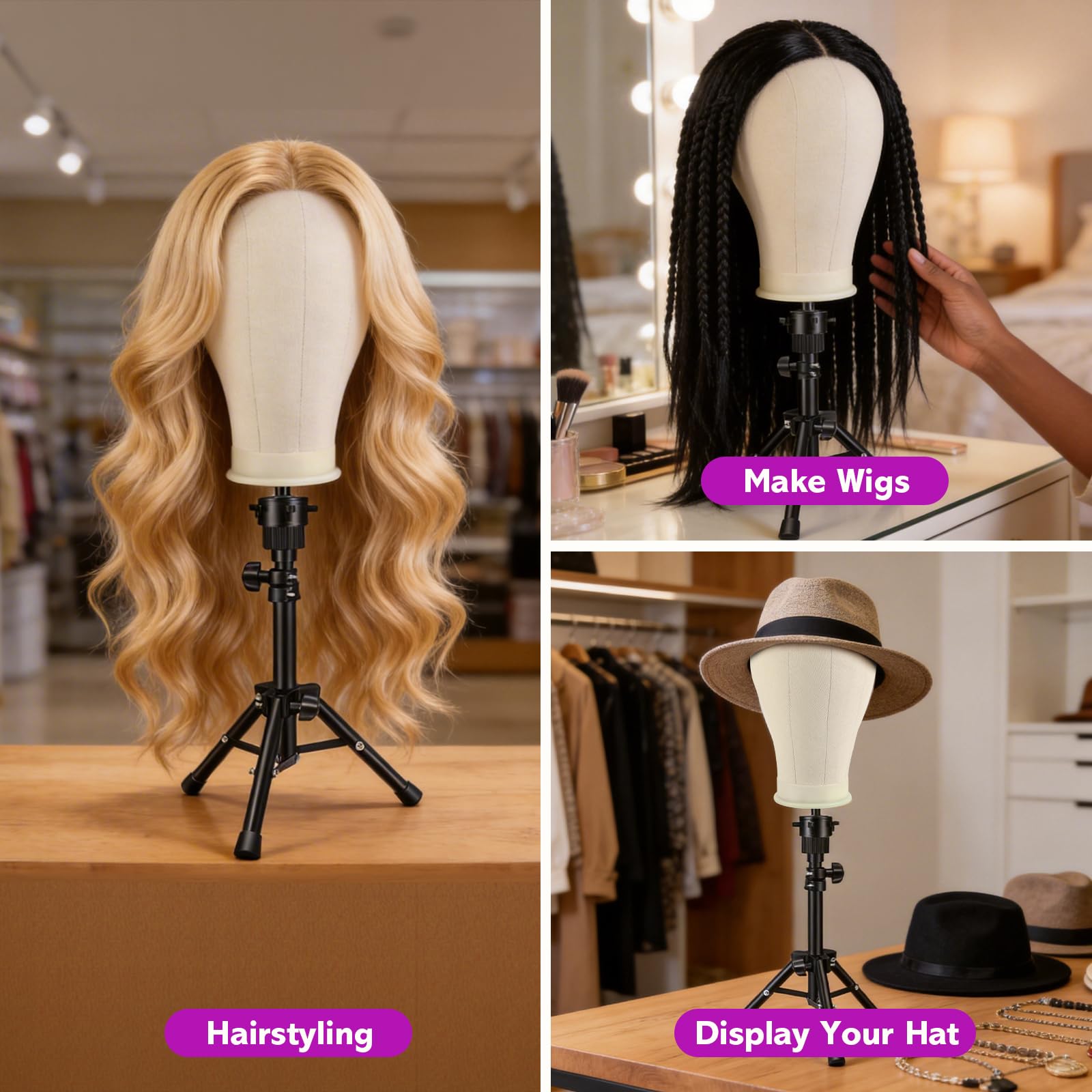 Dim Gray Wig Stand - Wig Stand with Head Canvas Wig Head Mannequin Head for Heavy Wigs, Wig Head Stand Manikin Head Wig Head for Wigs Making Display Styling(Wig not included), Wig Stand Tripod Height Adjustable
