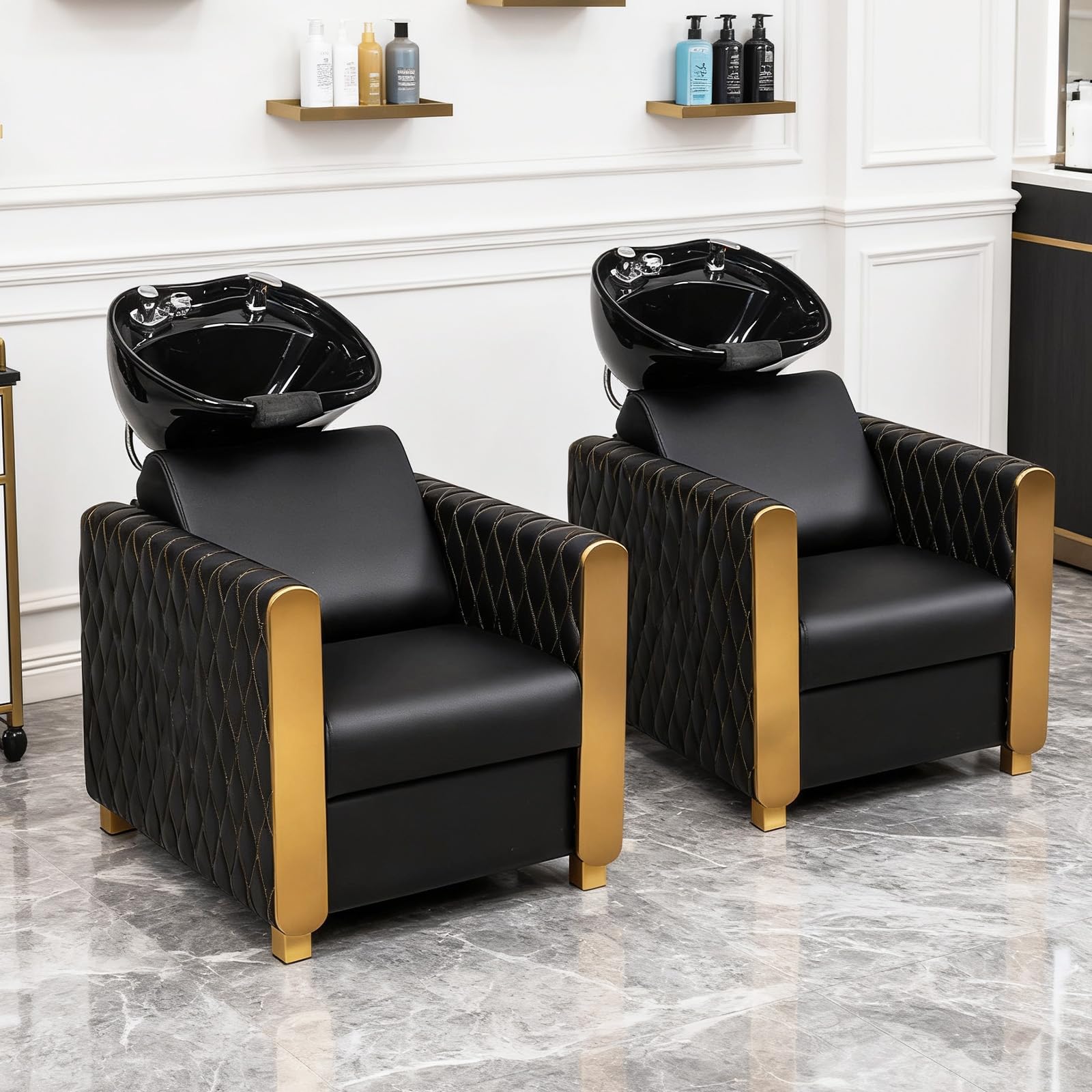 Lavender OmySalon Shampoo Bowls for Salon, Black and Gold Shampoo Chair with Tilting Porcelain Sink, Hair Washing Station Backwash Barber Chair, Shampoo Unit for Beauty Spa Barbershop