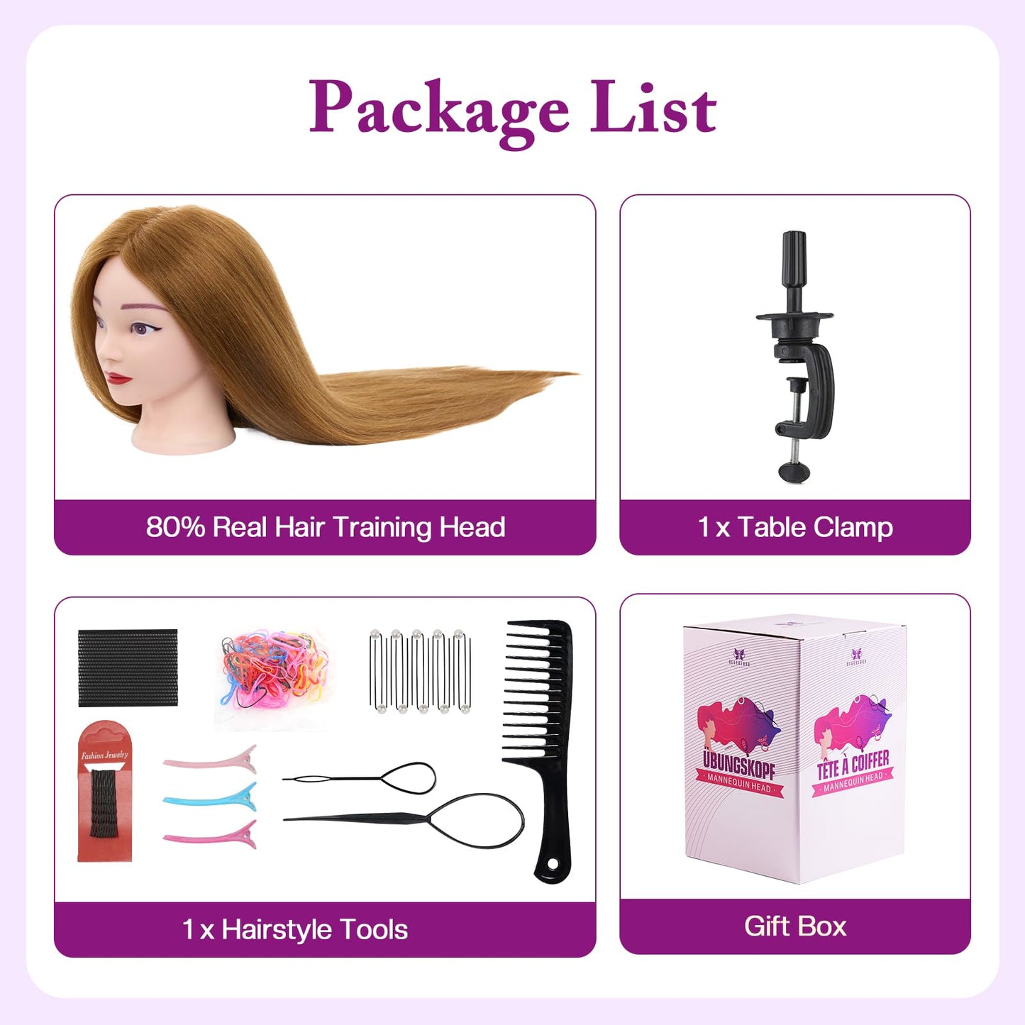 White Smoke 28" Mannequin Head with 80% Human Hair - Cosmetology Manikin Doll Head for Hair Styling, Training Practice Braiding Head with Table Clamp,DIY Hair Styling Set Suitable for Hair Extensions #27