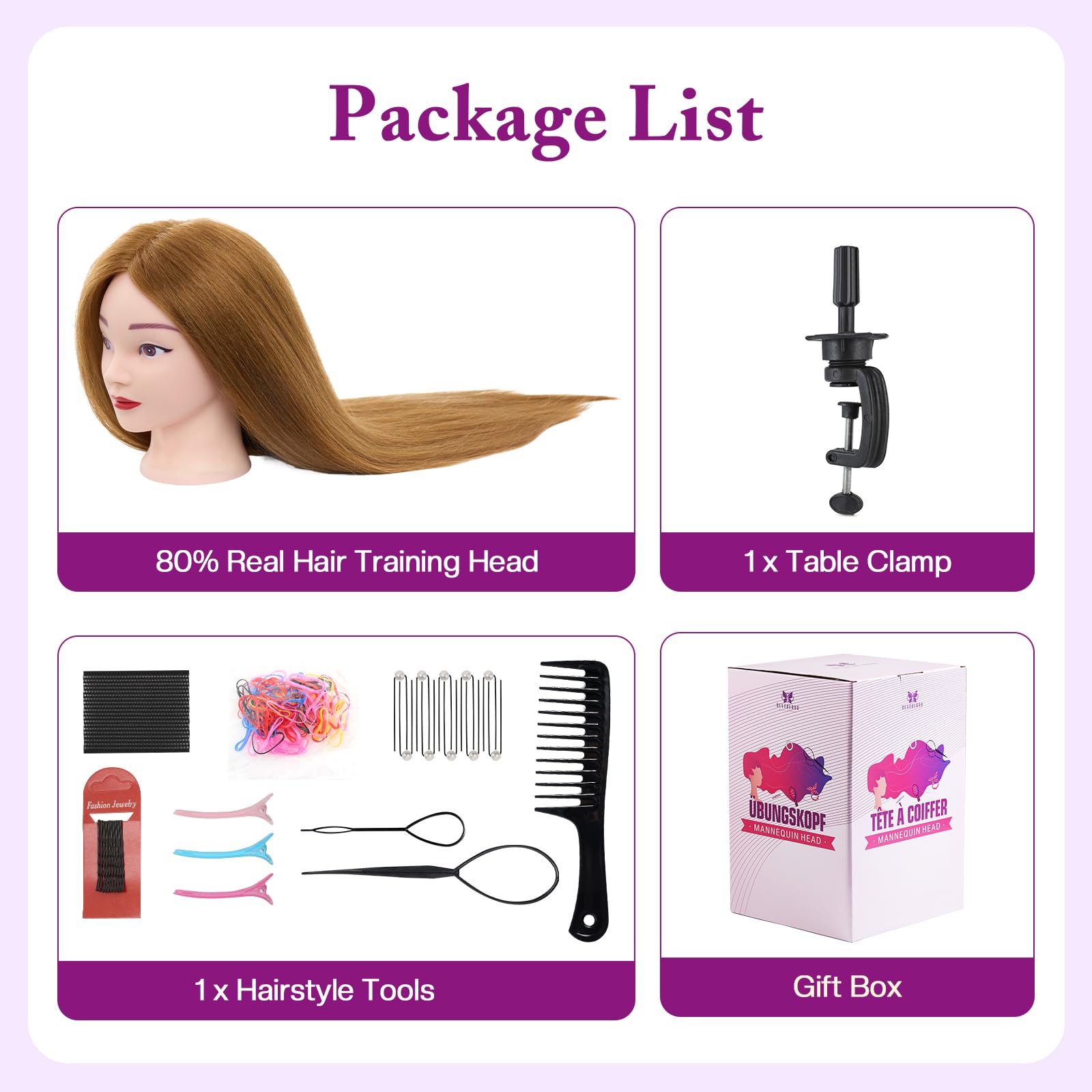 White Smoke 28" Mannequin Head with 80% Human Hair - Cosmetology Manikin Doll Head for Hair Styling, Training Practice Braiding Head with Table Clamp,DIY Hair Styling Set Suitable for Hair Extensions #27