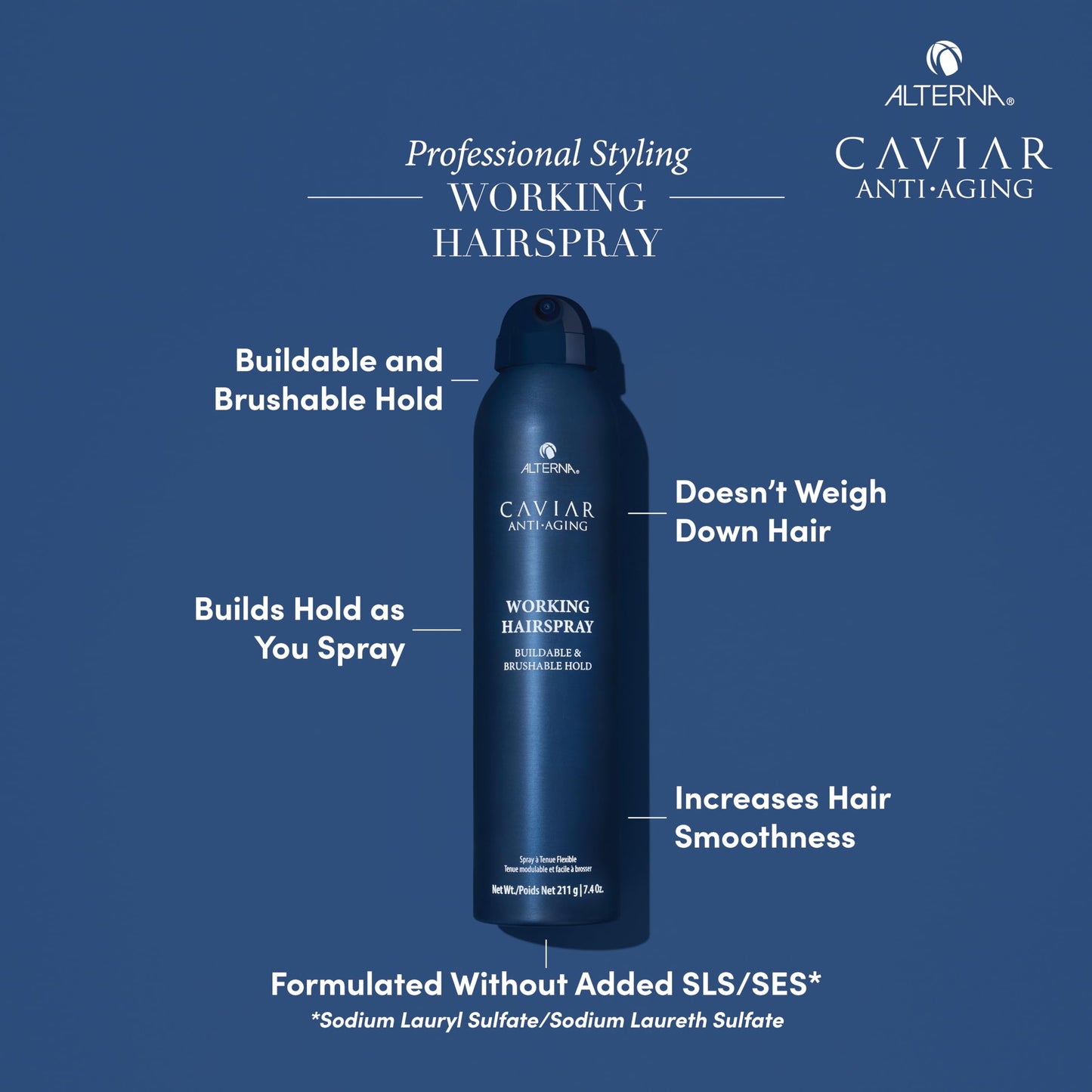 Dark Slate Blue Alterna Caviar Working Hairspray | Buildable, Brushable Hold | Helps Control Frizz & Adds Shine | Sulfate Free, 7.4 Fl Oz (Packaging May Vary)