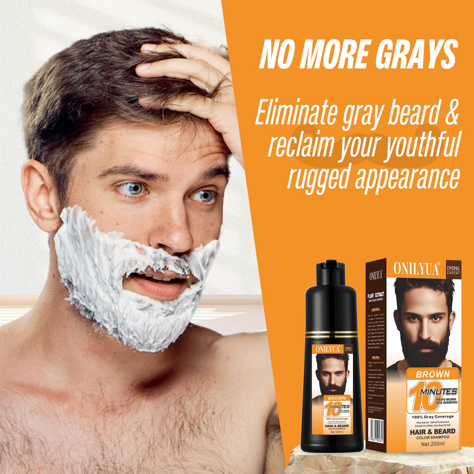 Goldenrod Men's Beard Dye, Brown Beard Dye Shampoo for Gray Hair Coverage, Root Touch Up, 3 in 1 Simpler Hair Color for Men, Long Lasting Hair Dye Shampoo for Beard & Mustache, 200 ml