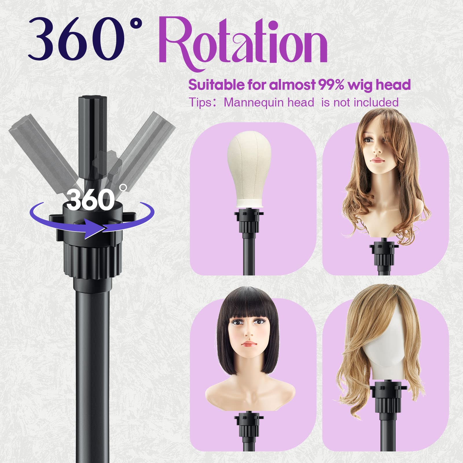 Lavender ORWOD Wig Head Stand Adjustable Height - Upgrade Wig Tripod Stand with Reinforced Tool Tray , Foldable Mannequin Head Stand for Beauty and Hairdressing Styling Training (Additional 1 Free Accessory)