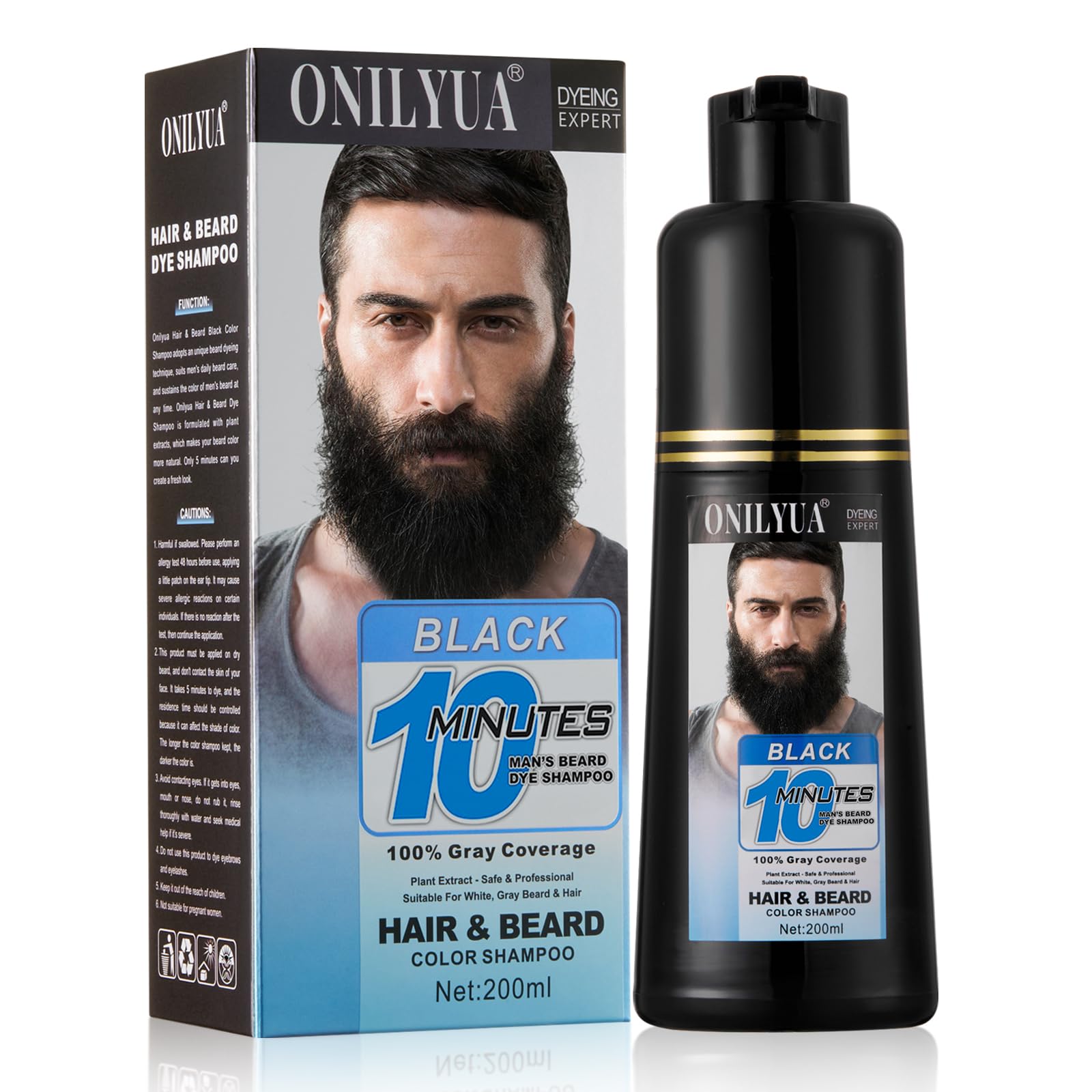 White Smoke Onilyua Men's 3 in 1 Black Beard Dye Shampoo, Simpler Color for Men's Beard & Mustaches, Long Lasting Gray Reducing 200 ml