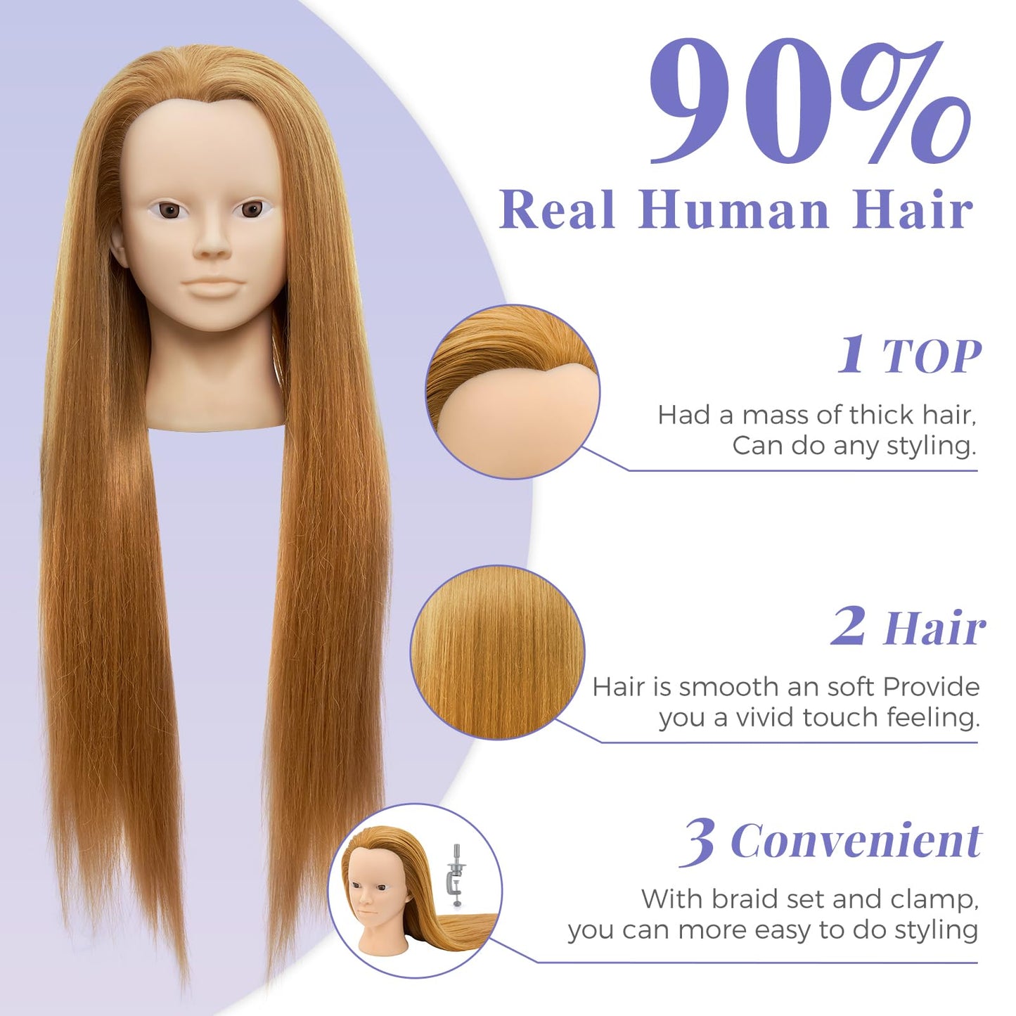 White Smoke Mannequin Head with 90% Real Human Hair - 28 Inch Makeup Cosmetology Manikin Doll Head for Hair Styling, Training Practice Braiding Mannequin Head with False Eyelashes Hair Styling Set