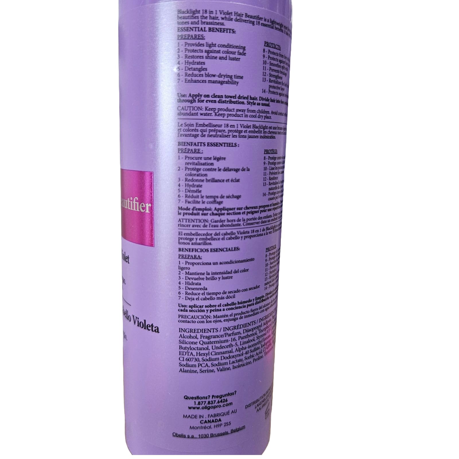 Light Slate Gray Oligo Professionnel - Blacklight 18-in-1 Violet Hair Beautifier for blondes- Vegan - Eliminate yellow tones - Anti frizz- Leave-in Toning Conditioner - Detangling Hydrating Spray - Argan Oil -8.5 oz