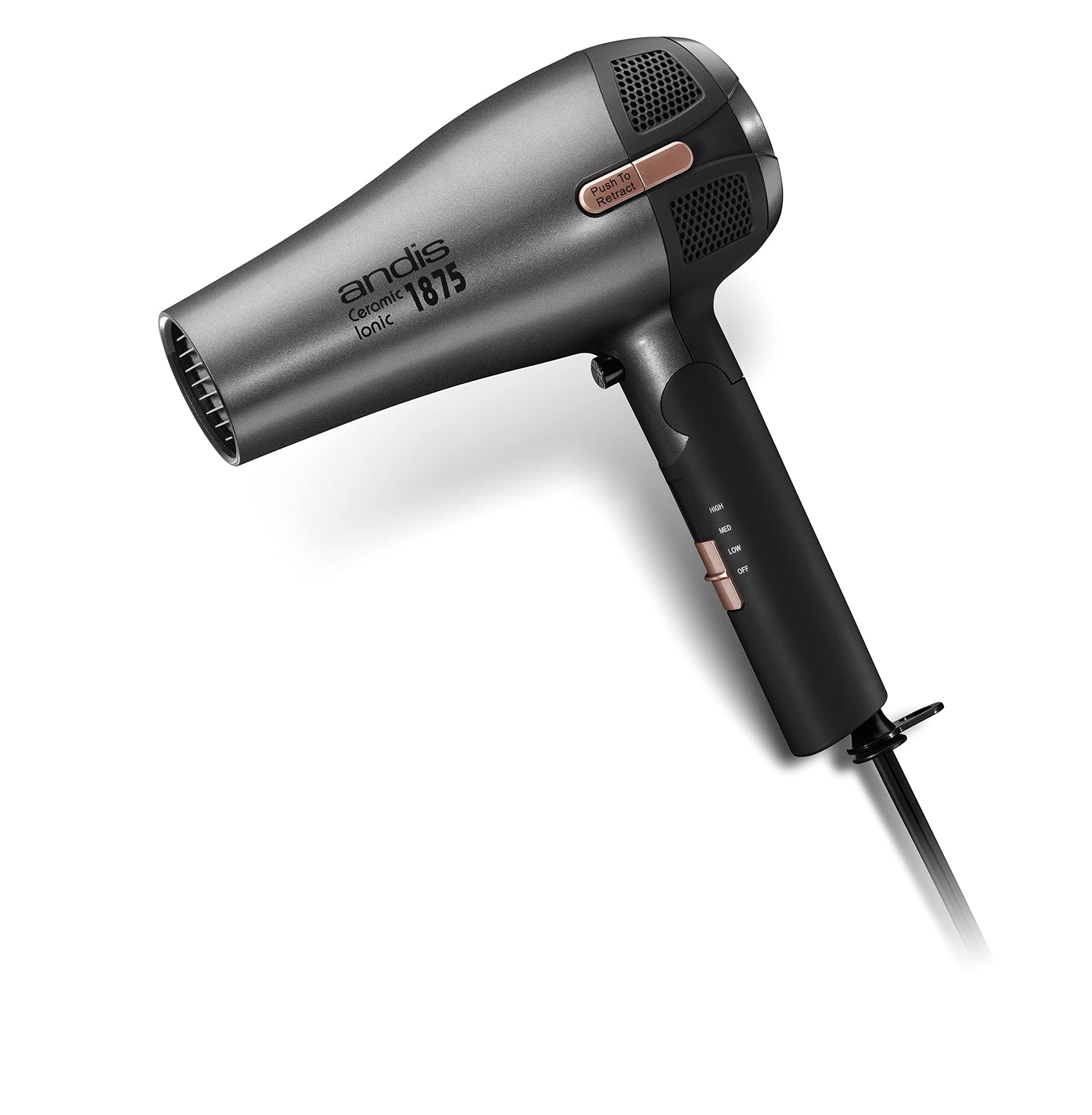 White Smoke Andis 80280 Fold-n-go 1875 Watt Ceramic Ionic Dryer, Retractable Cord, Lightweight with Professional Blowout Results, Quick Drying Blow Dryer, Black/Silver