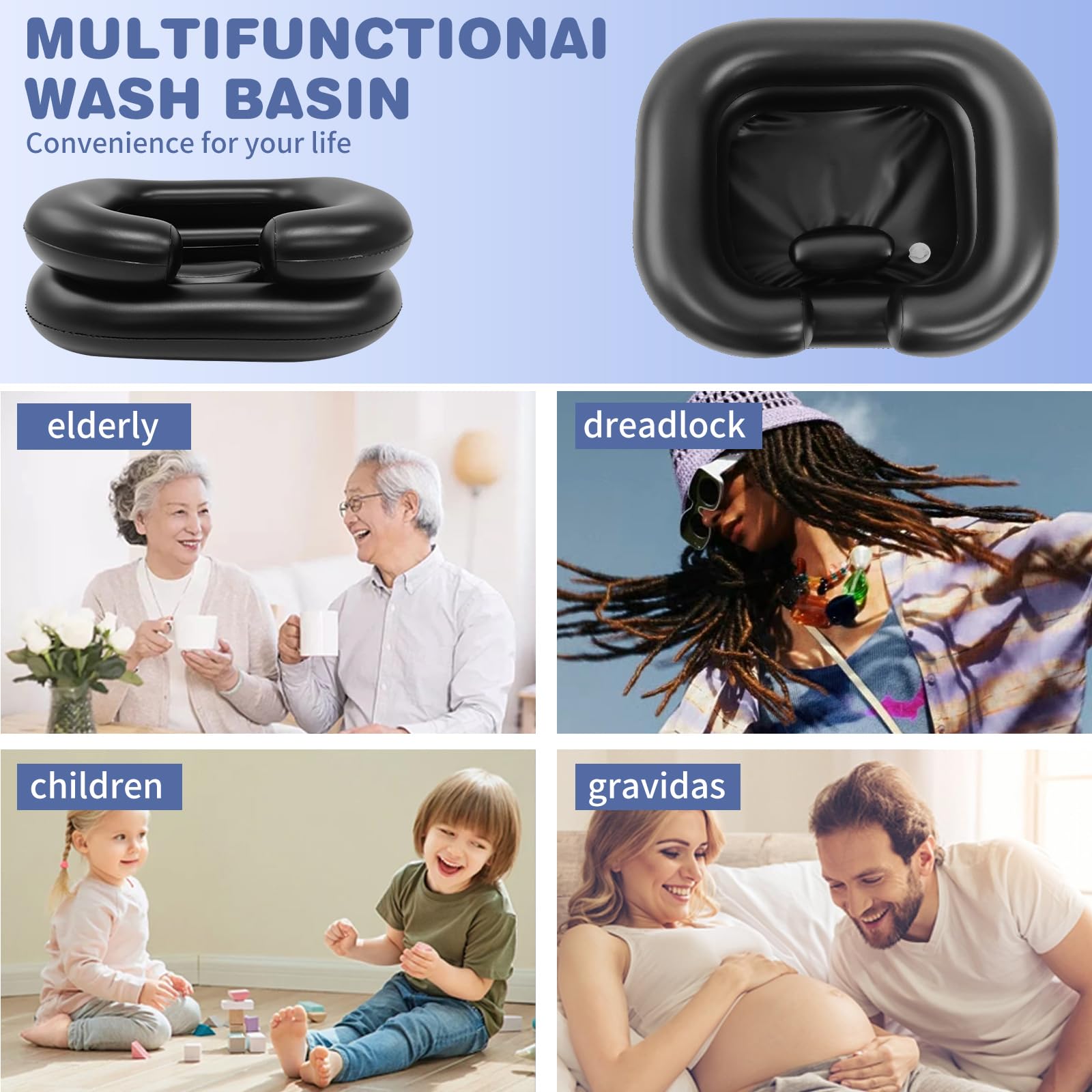 Powder Blue Inflatable Shampoo Basin, Portable Shampoo Bowl with Neck Support and Drain Hose for bedridden People, Portable Shampoo Sink for The Elderly, Disabled, Pregnant Women, Injured People (Black)