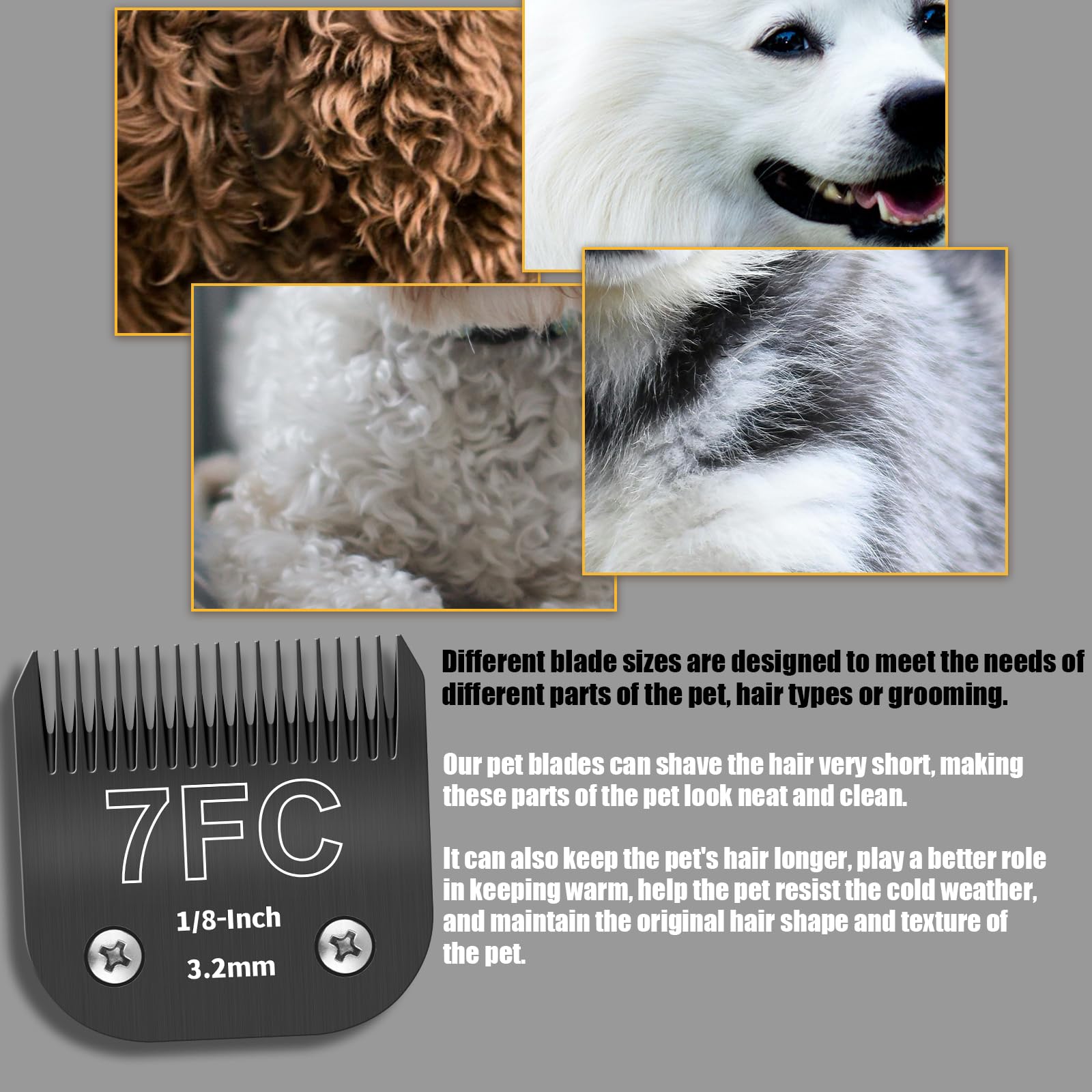 Dark Gray YAZIYIR 3 Pack 7FC Detachable Dog Grooming Steel Blades,Compatible with Andis,Oster A5,Wahl KM-10 Series,Cut Length 1/8" 3.2MM （Black）