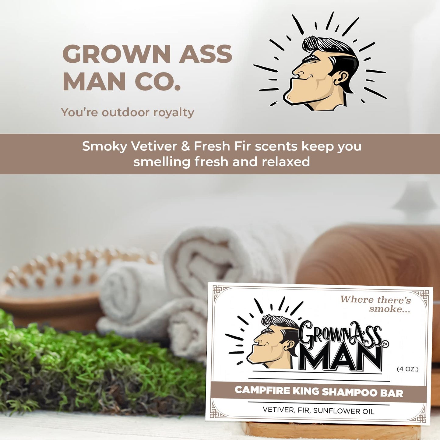 Light Gray Grown Ass Man Co. - Solid Shampoo Bar Rich Lather 3 in 1: Hair, Beard & Body Wash - Plastic Free & Eco-Friendly, Natural & Organic Clean for All Hair Types, 4oz Bar (Campfire King, Single)